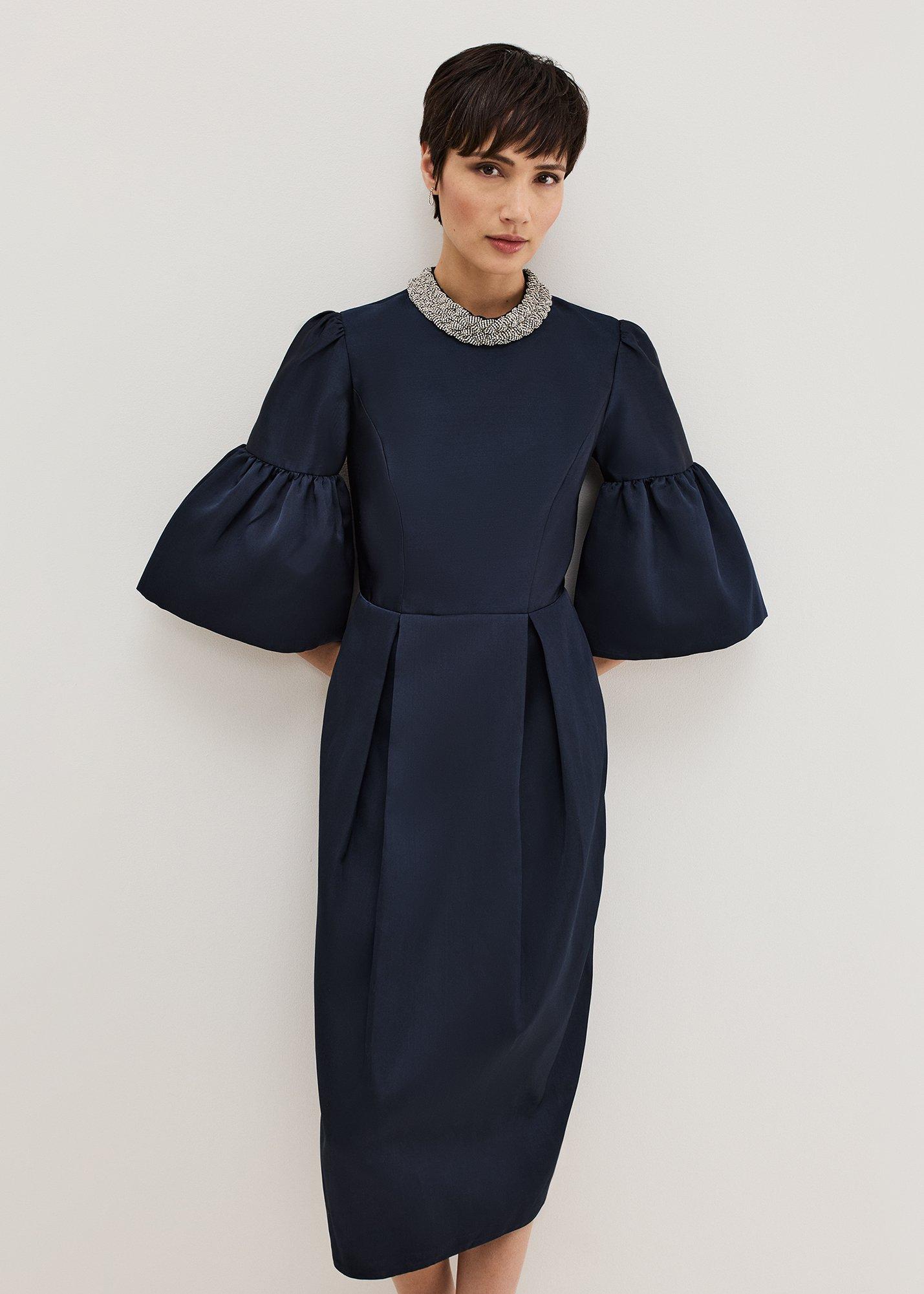 Audrey Jewelled Neck Navy Midi Dress