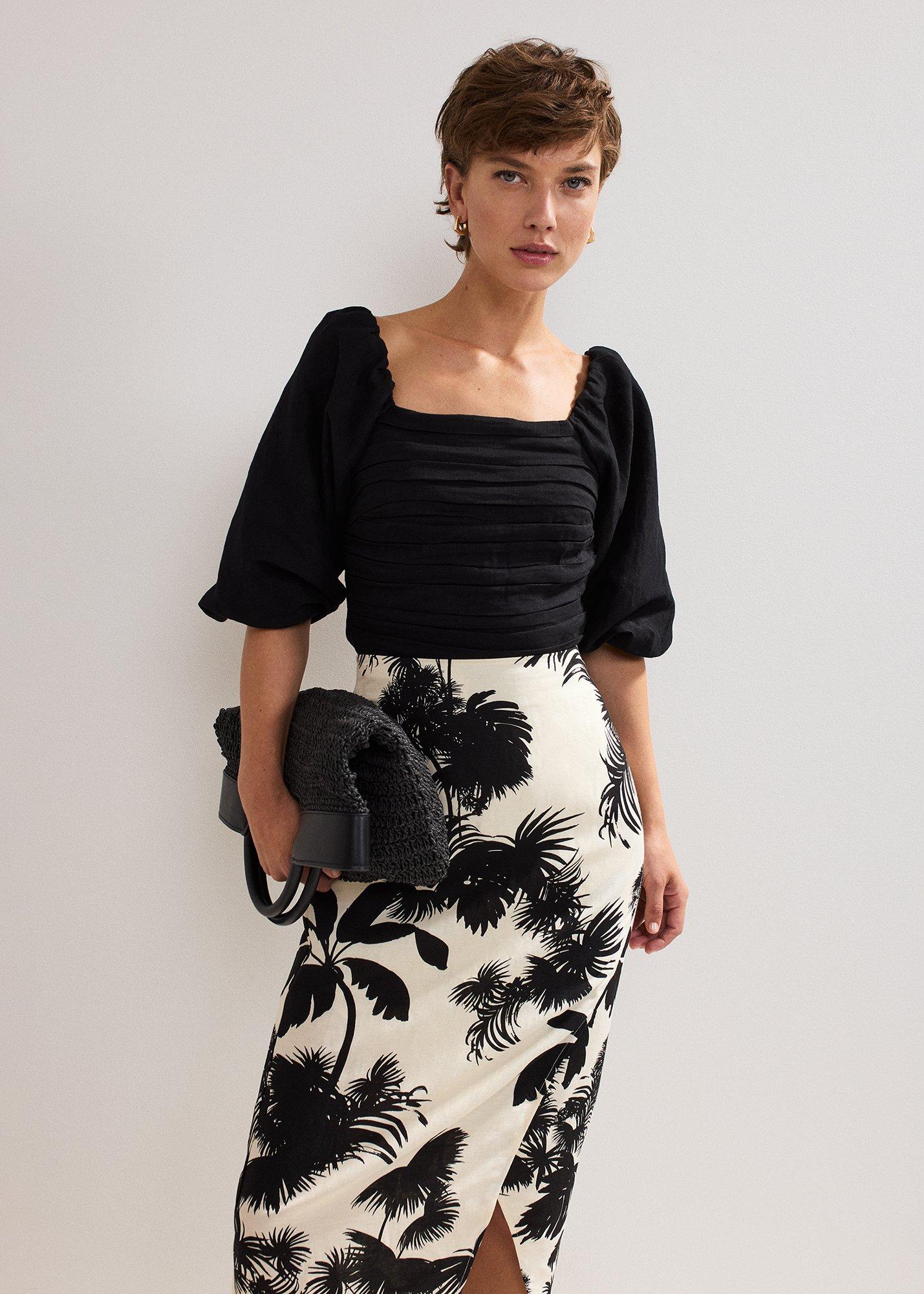 Vittoria Linen Blend Leaf Print Skirt