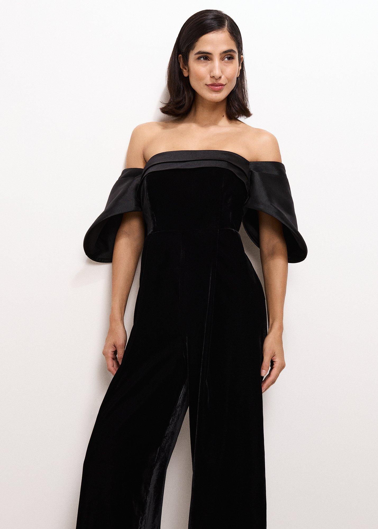 Angelica Black Bardot Velvet Jumpsuit