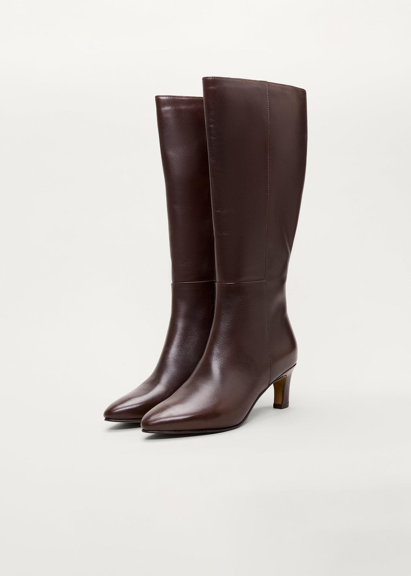 Leather Knee High Low Heeled Boots