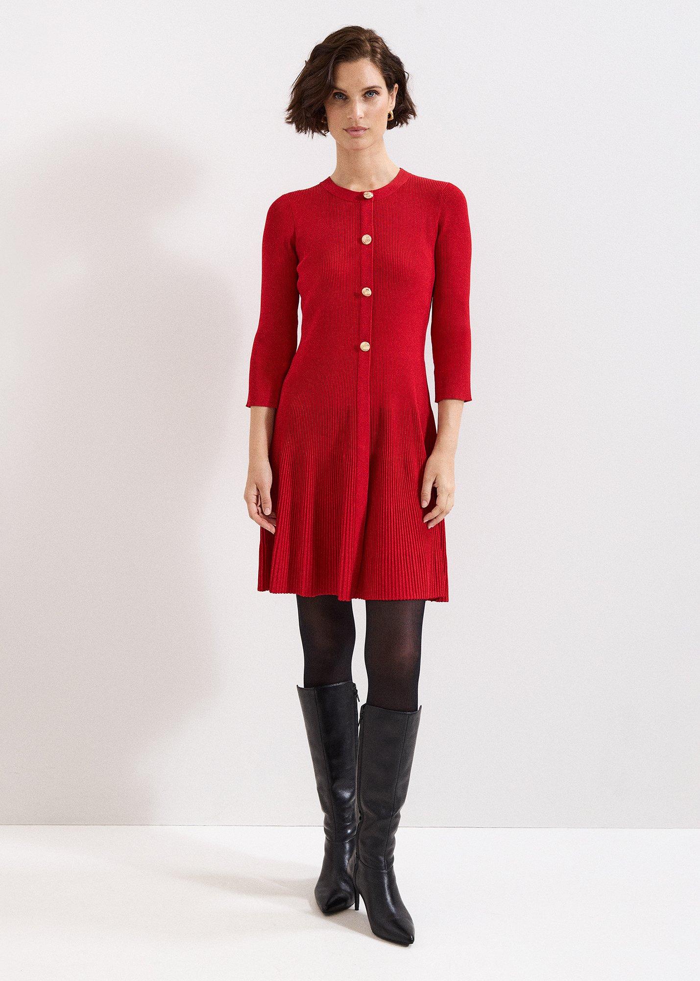 ${product-id}-Rachel Red Fit And Flare Ribbed Swing Dress-Dark Red-${view-type}