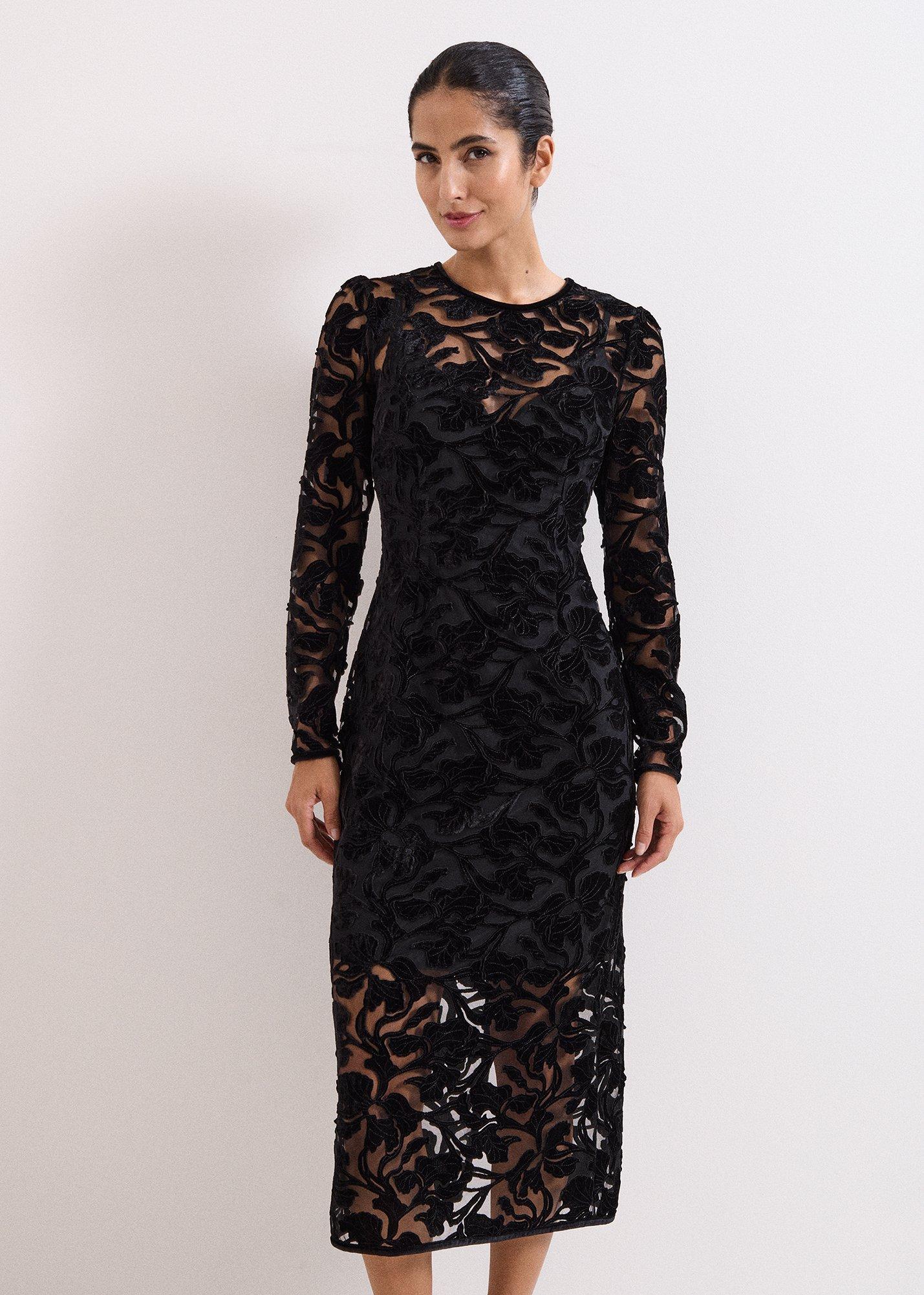 ${product-id}-Viktoria Black Applique Velvet Midi Dress-Black-${view-type}
