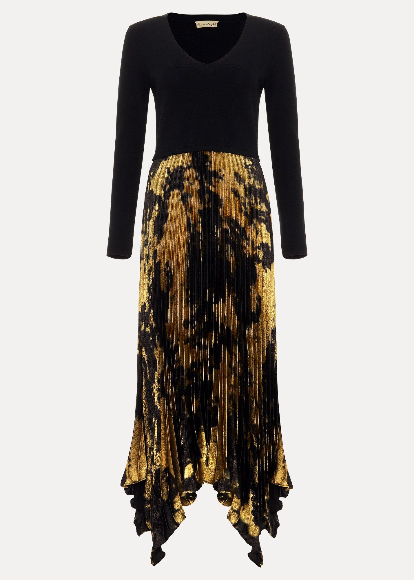 ${product-id}-Jenifer Foil Print Woven Hem Maxi Dress-Gold-${view-type}