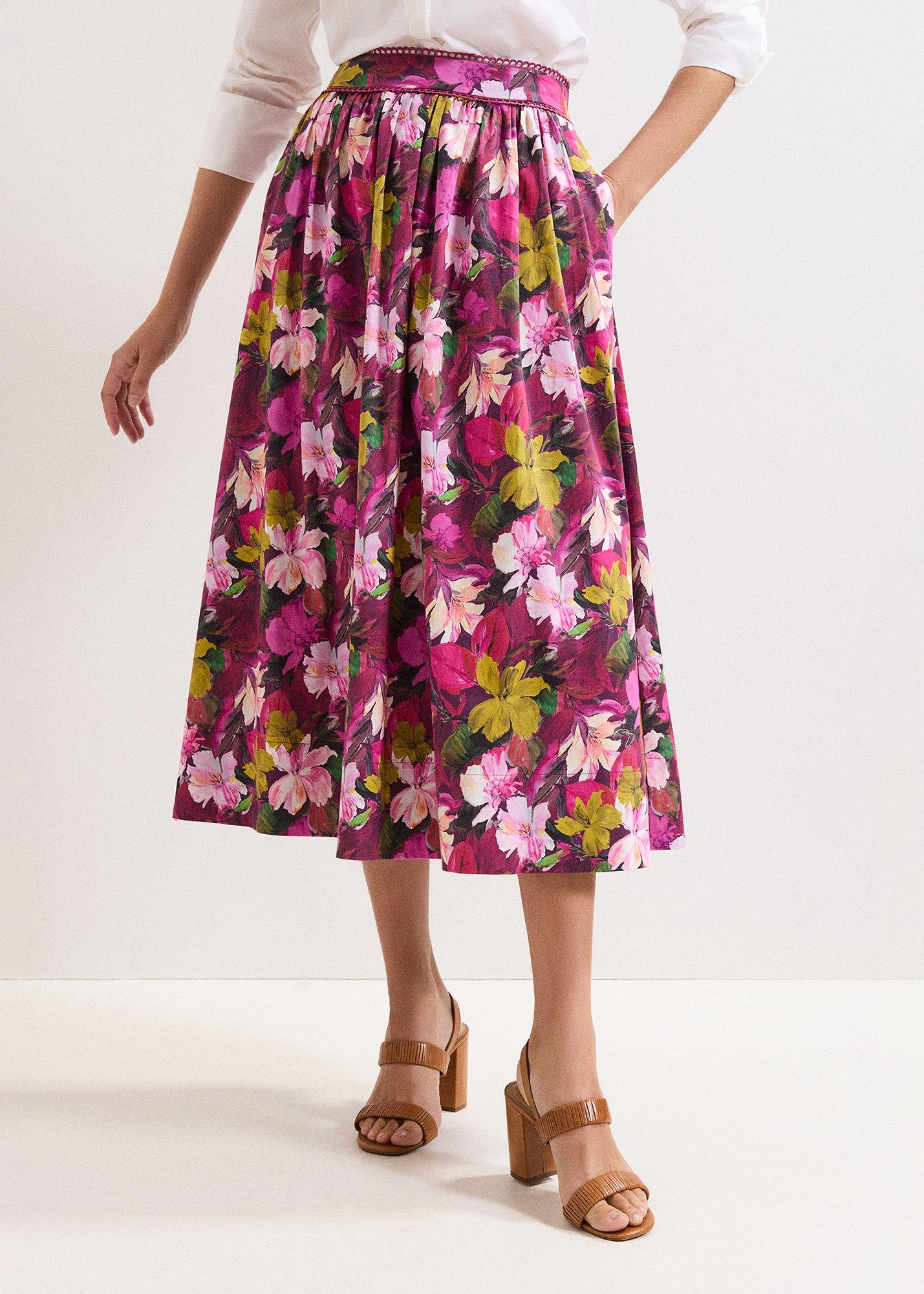 ${product-id}-Arina Floral Poplin Lace trim Midi Skirt-Pink-${view-type}