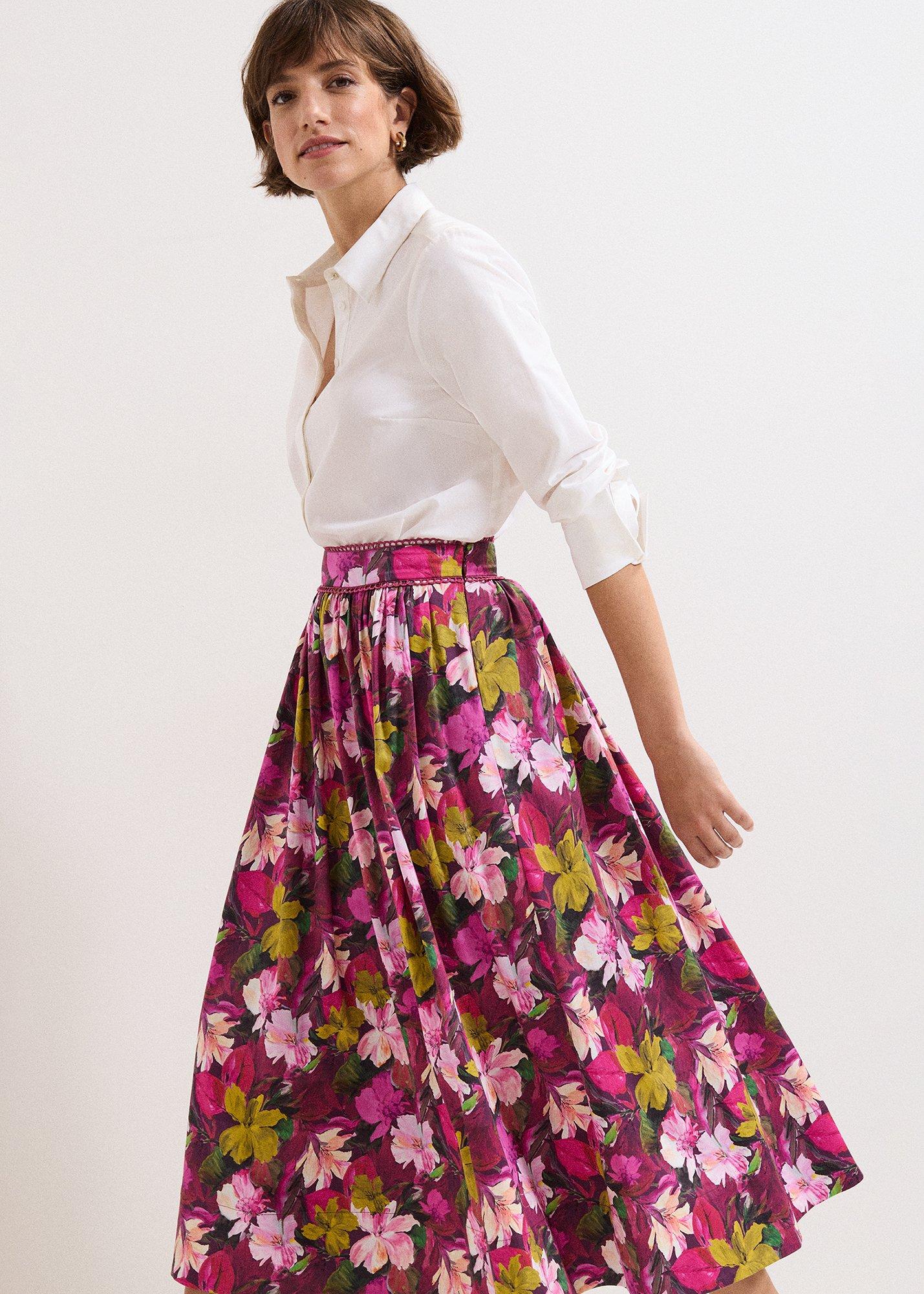 ${product-id}-Arina Floral Poplin Lace trim Midi Skirt-Pink-${view-type}