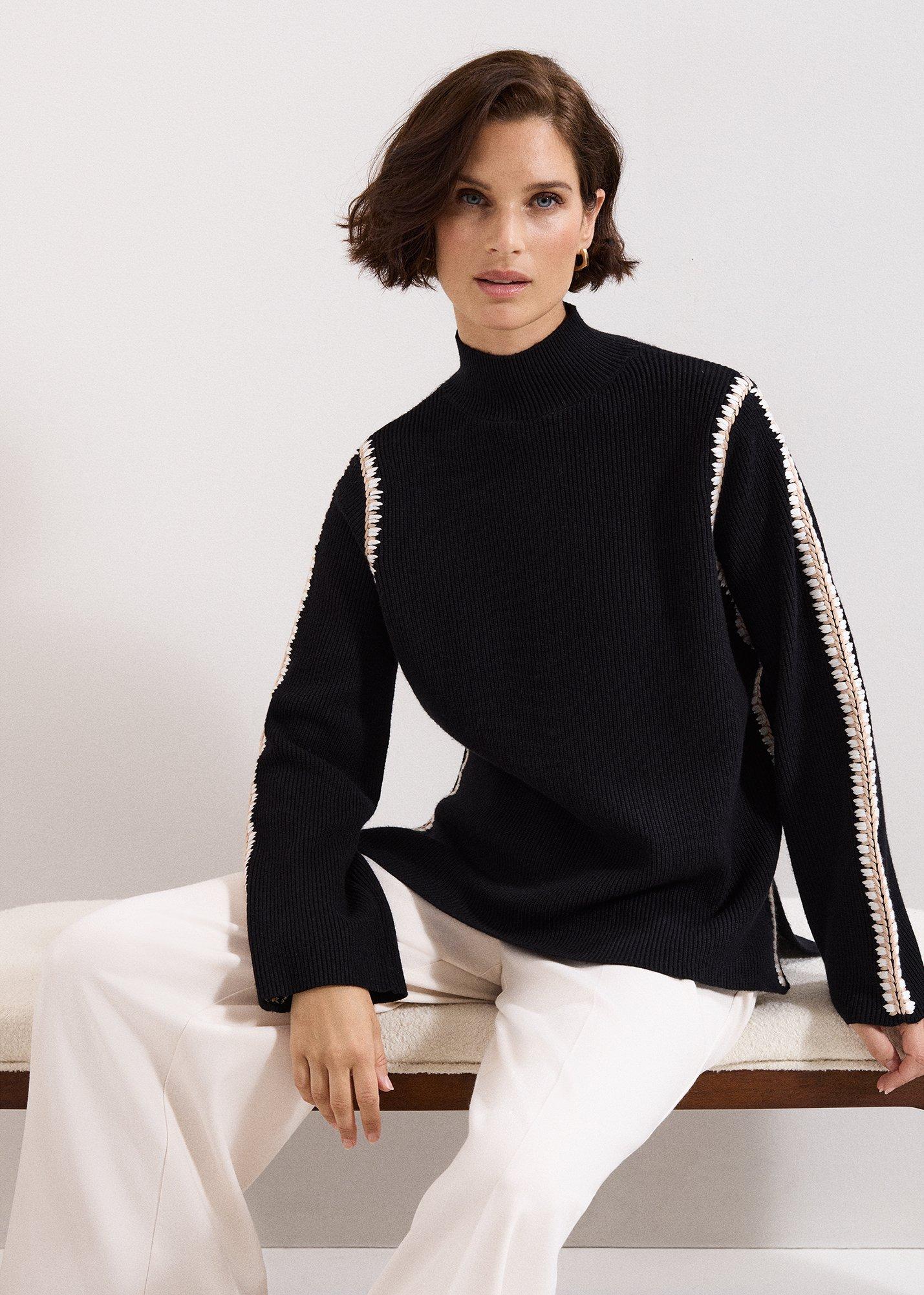 ${product-id}-Immy Crochet Sleeve Detail Funnel Neck Jumper-Black-${view-type}