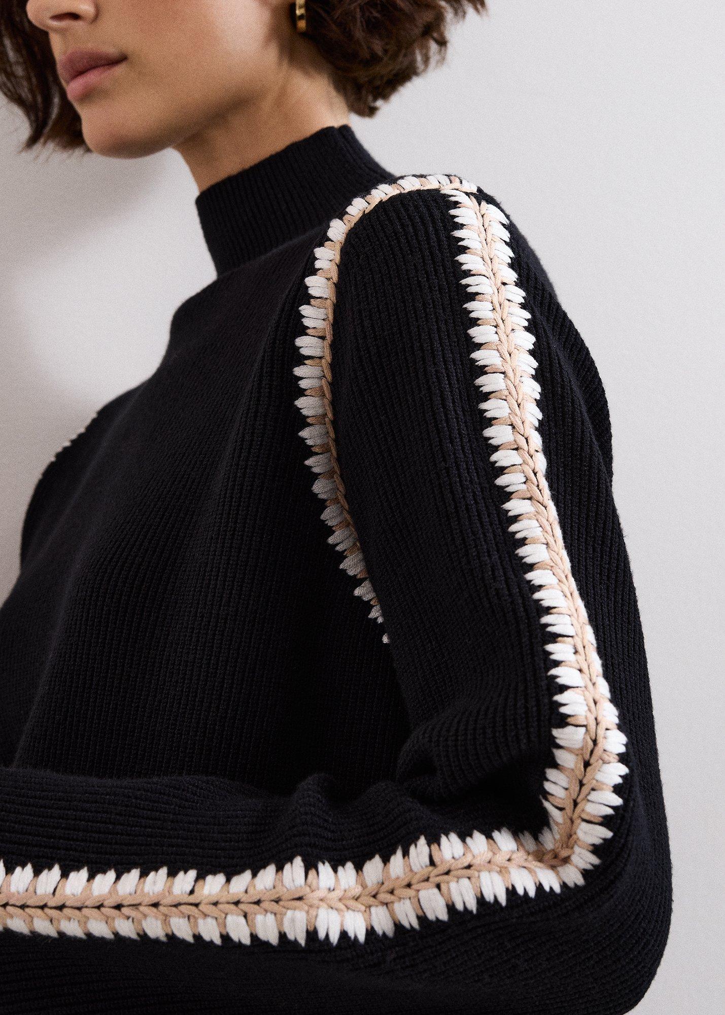 ${product-id}-Immy Crochet Sleeve Detail Funnel Neck Jumper-Black-${view-type}