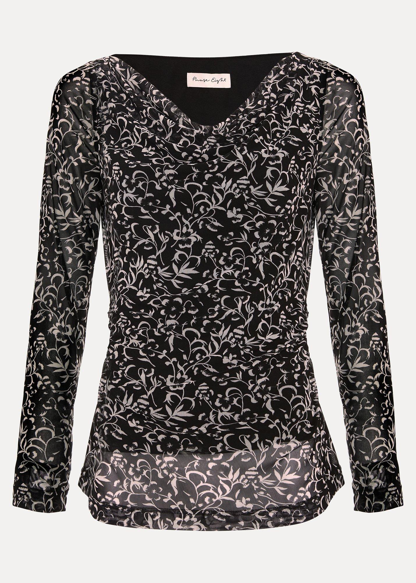 ${product-id}-Tammy Printed Cowl Neck Mesh Top-Black/Ivory-${view-type}