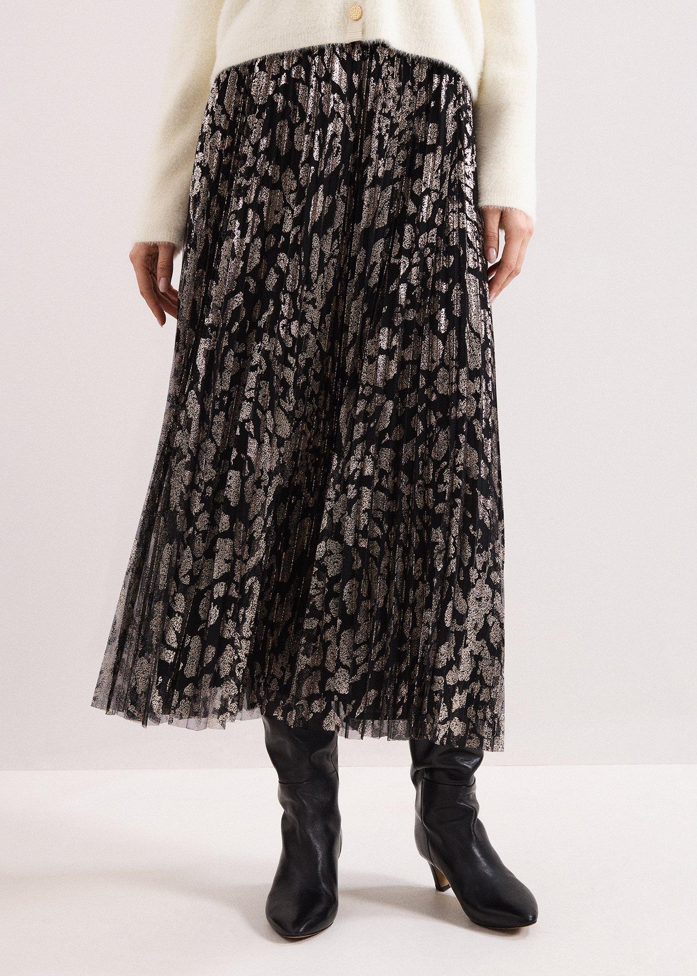 ${product-id}-Edie Gold Print Pleated Midi Skirt-Black-${view-type}