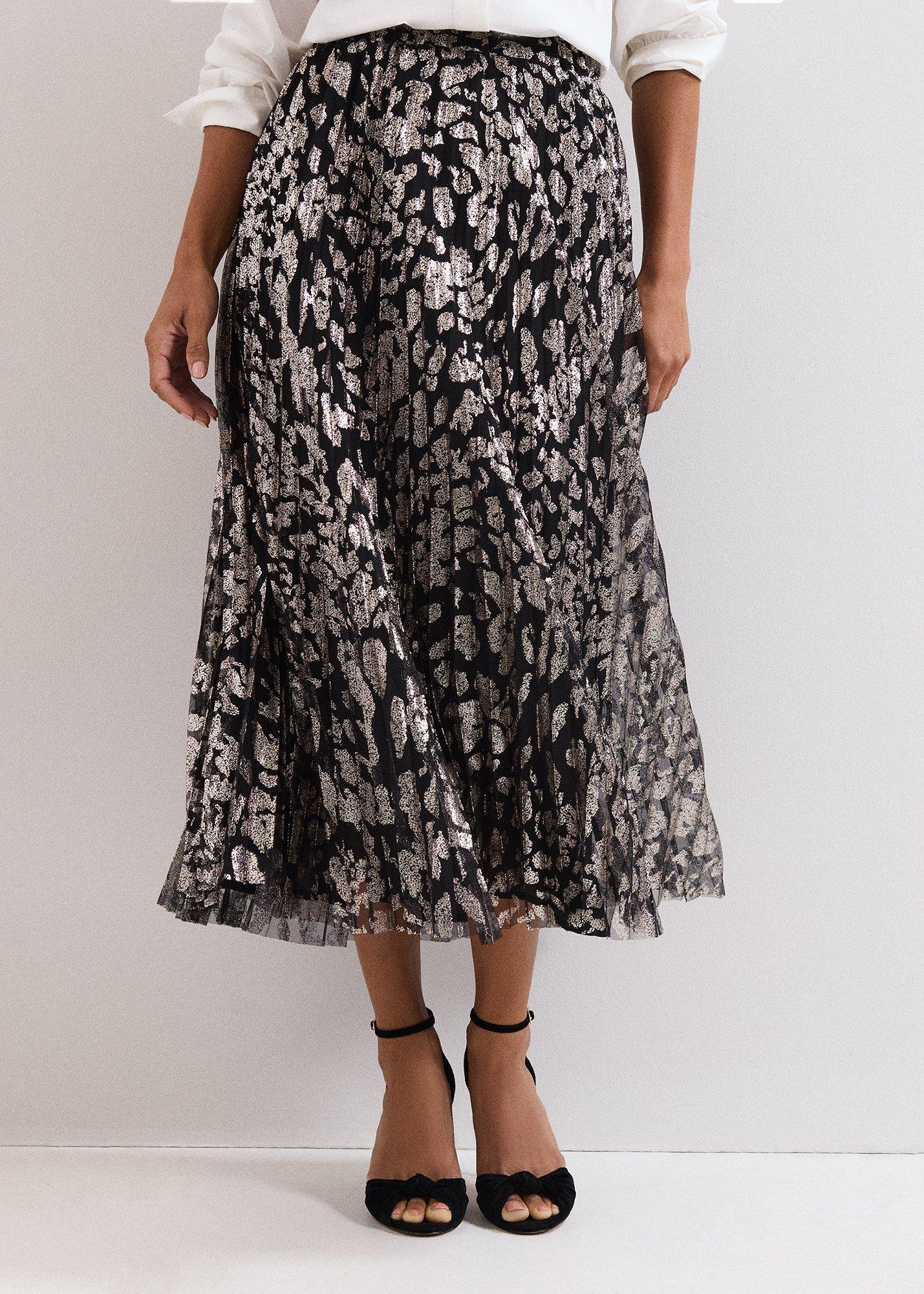 ${product-id}-Petite Edie Gold Print Pleated Midi Skirt-Black-${view-type}
