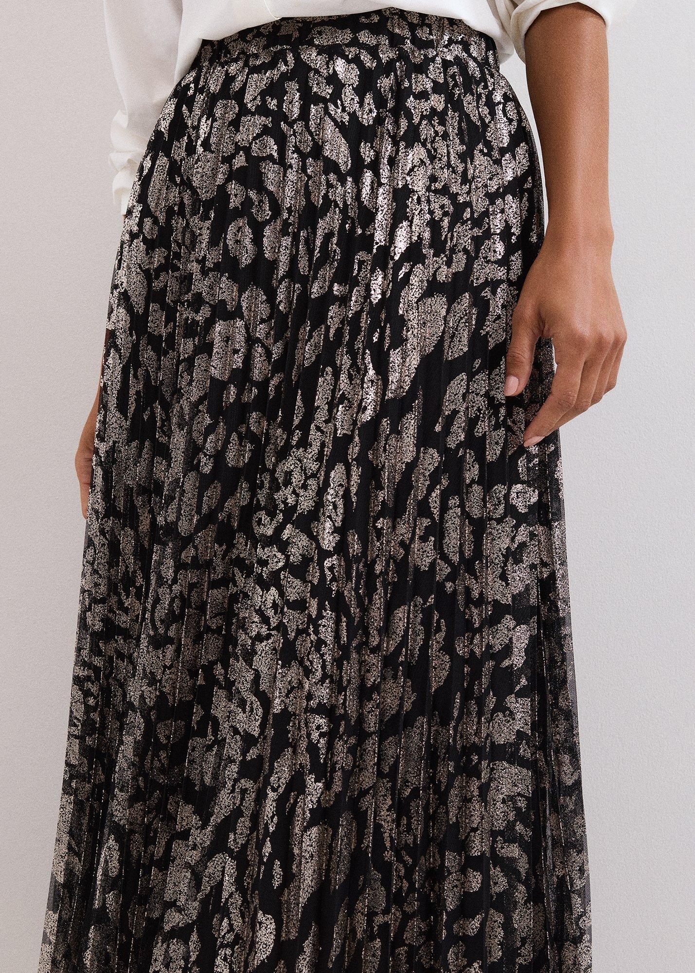 ${product-id}-Petite Edie Gold Print Pleated Midi Skirt-Black-${view-type}