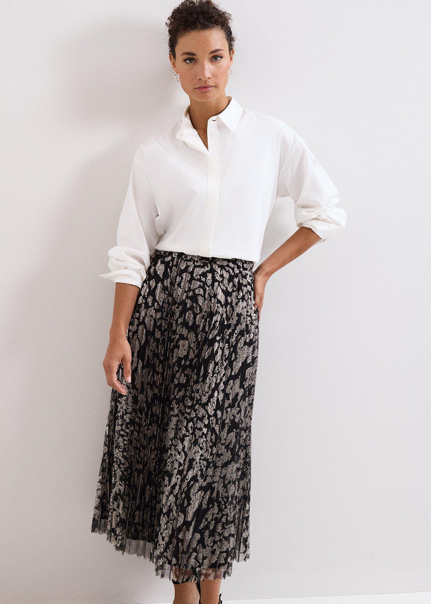 ${product-id}-Petite Edie Gold Print Pleated Midi Skirt-Black-${view-type}