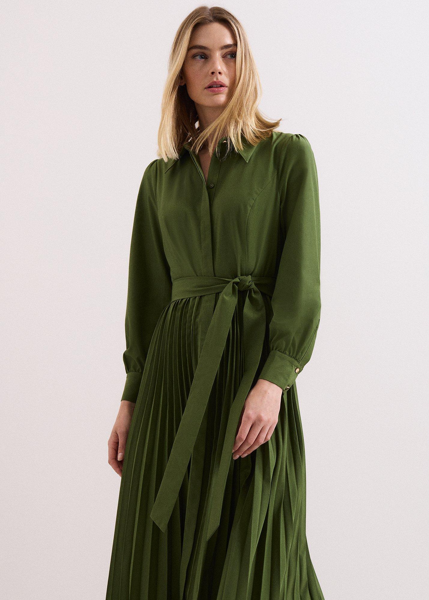 ${product-id}-Kelsie Shirt Pleated Midi Dress-Green-${view-type}