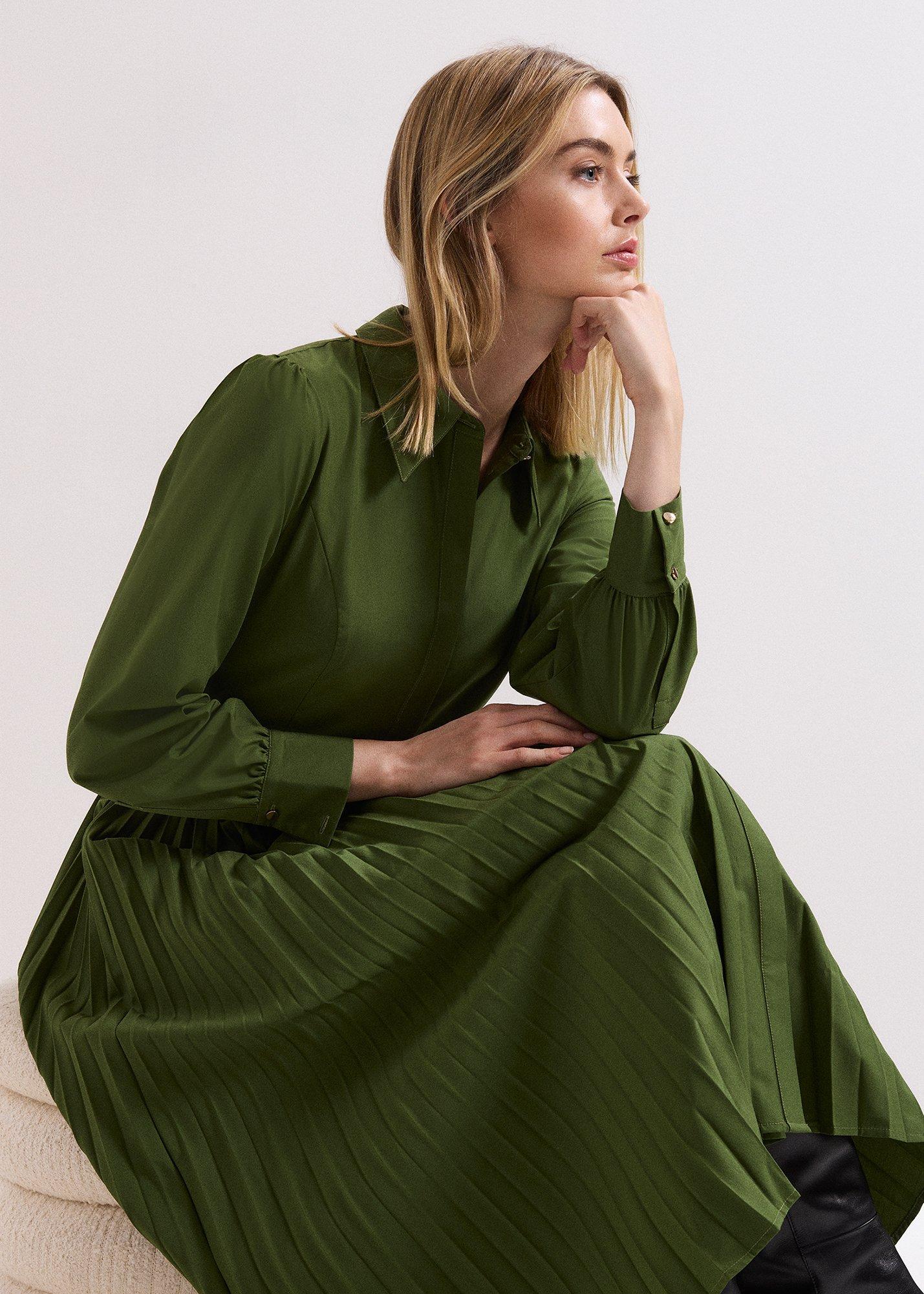 ${product-id}-Kelsie Shirt Pleated Midi Dress-Green-${view-type}
