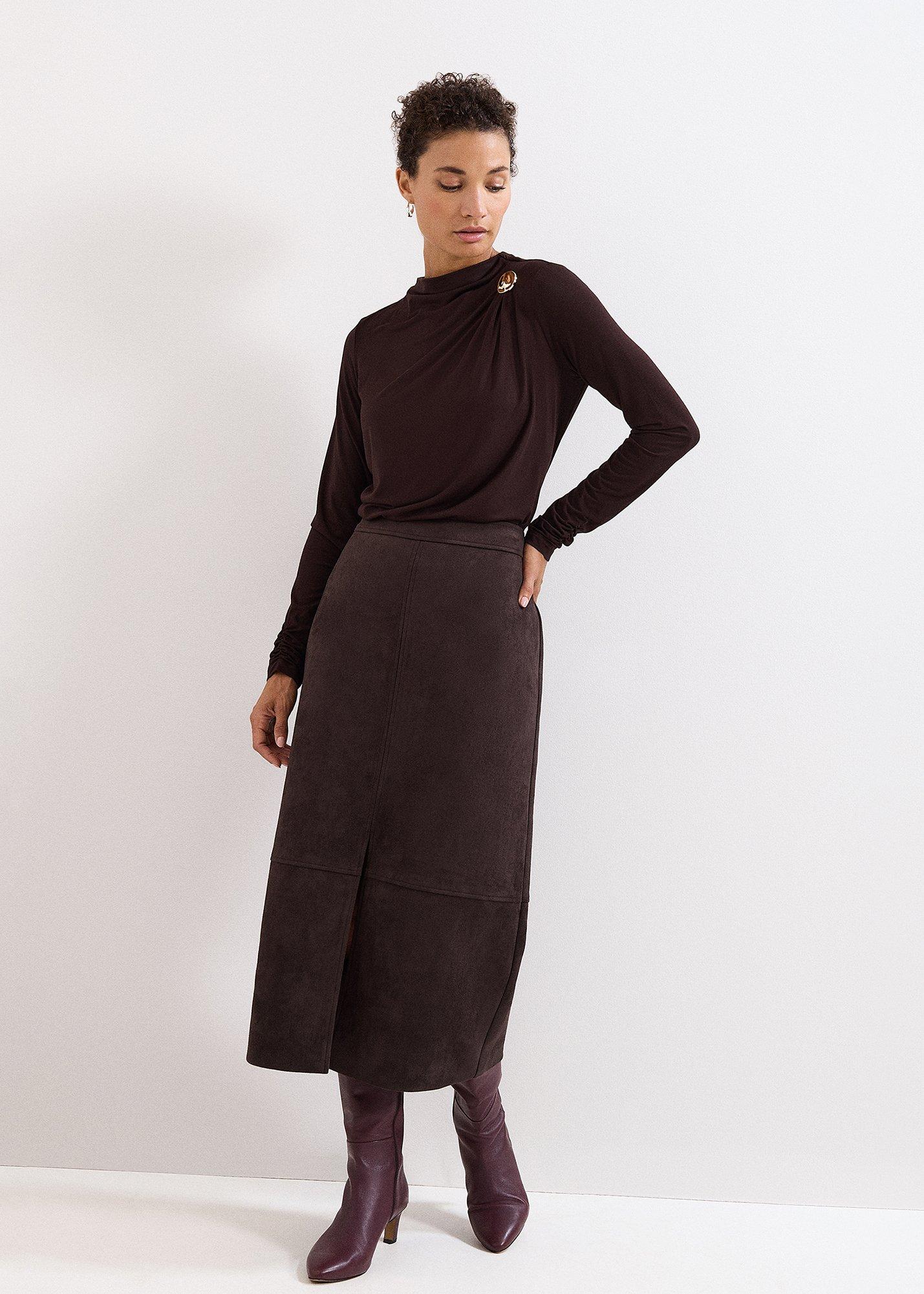 ${product-id}-Elodie Faux Suede Midi Pencil Skirt-Brown-${view-type}