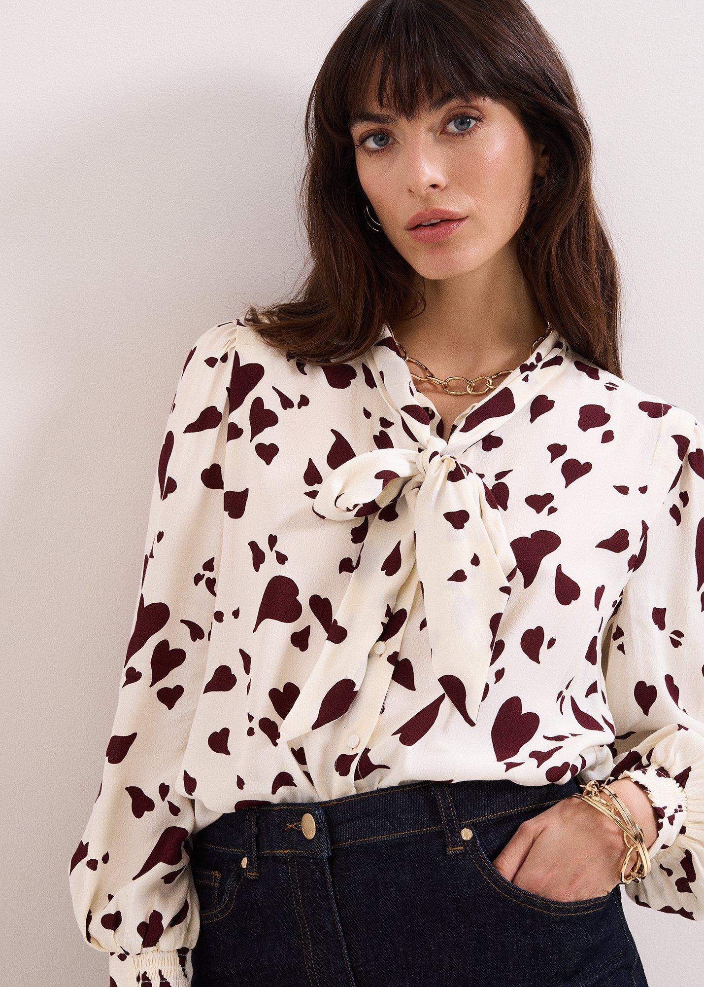 ${product-id}-Paloma Heart Print Tie Neck Blouse-White-${view-type}