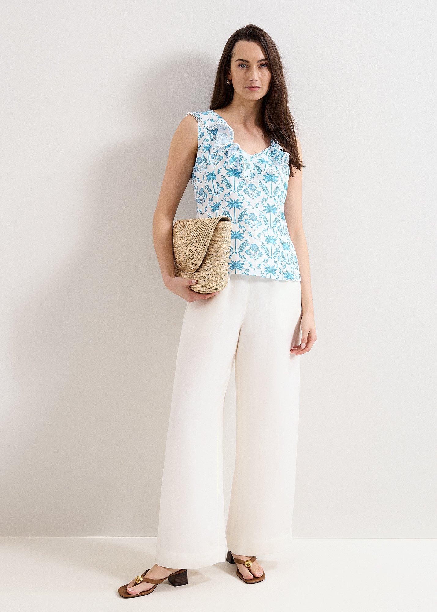 Rhona Blue Print Ruffle Linen Blouse