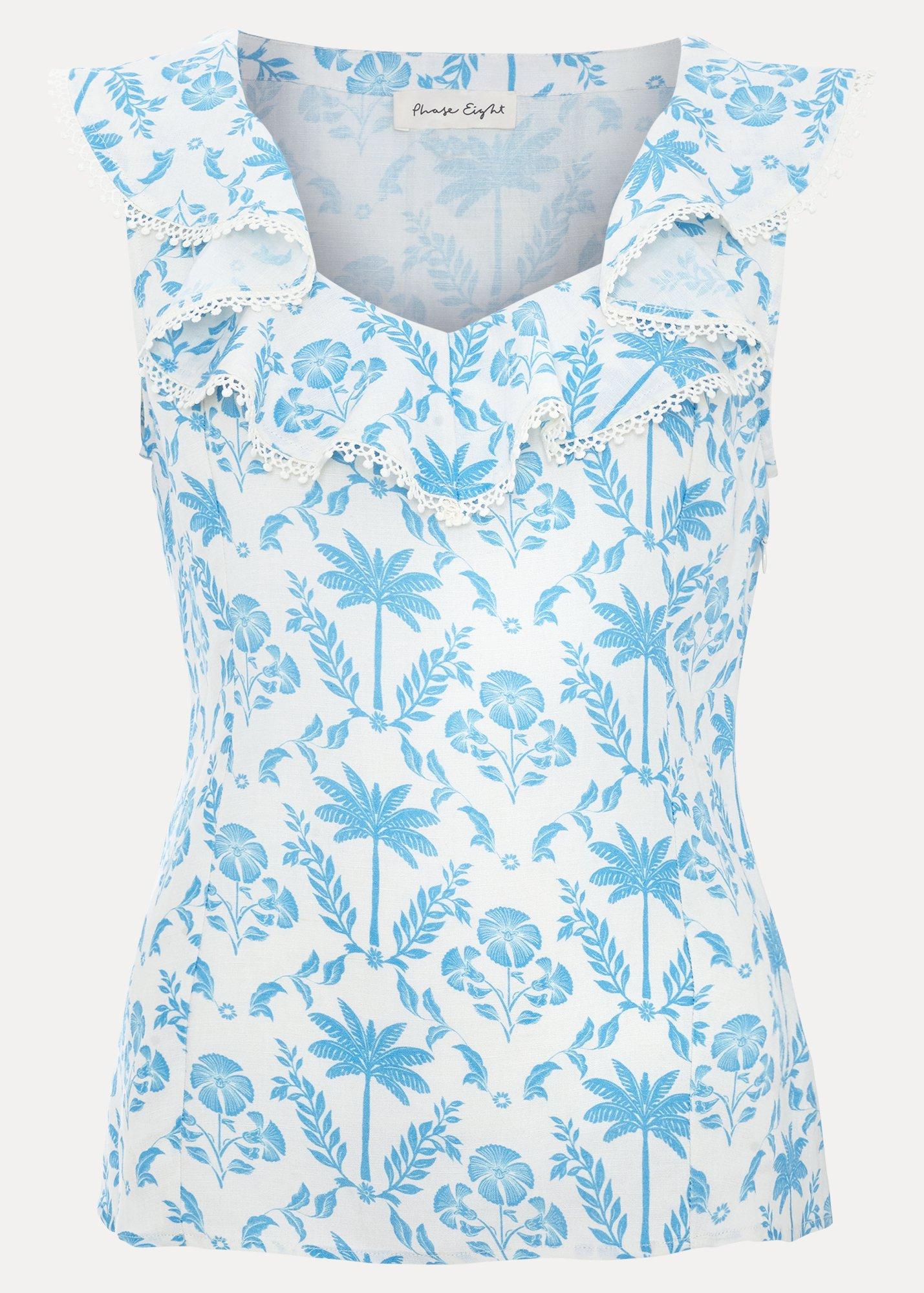Rhona Blue Print Ruffle Linen Blouse