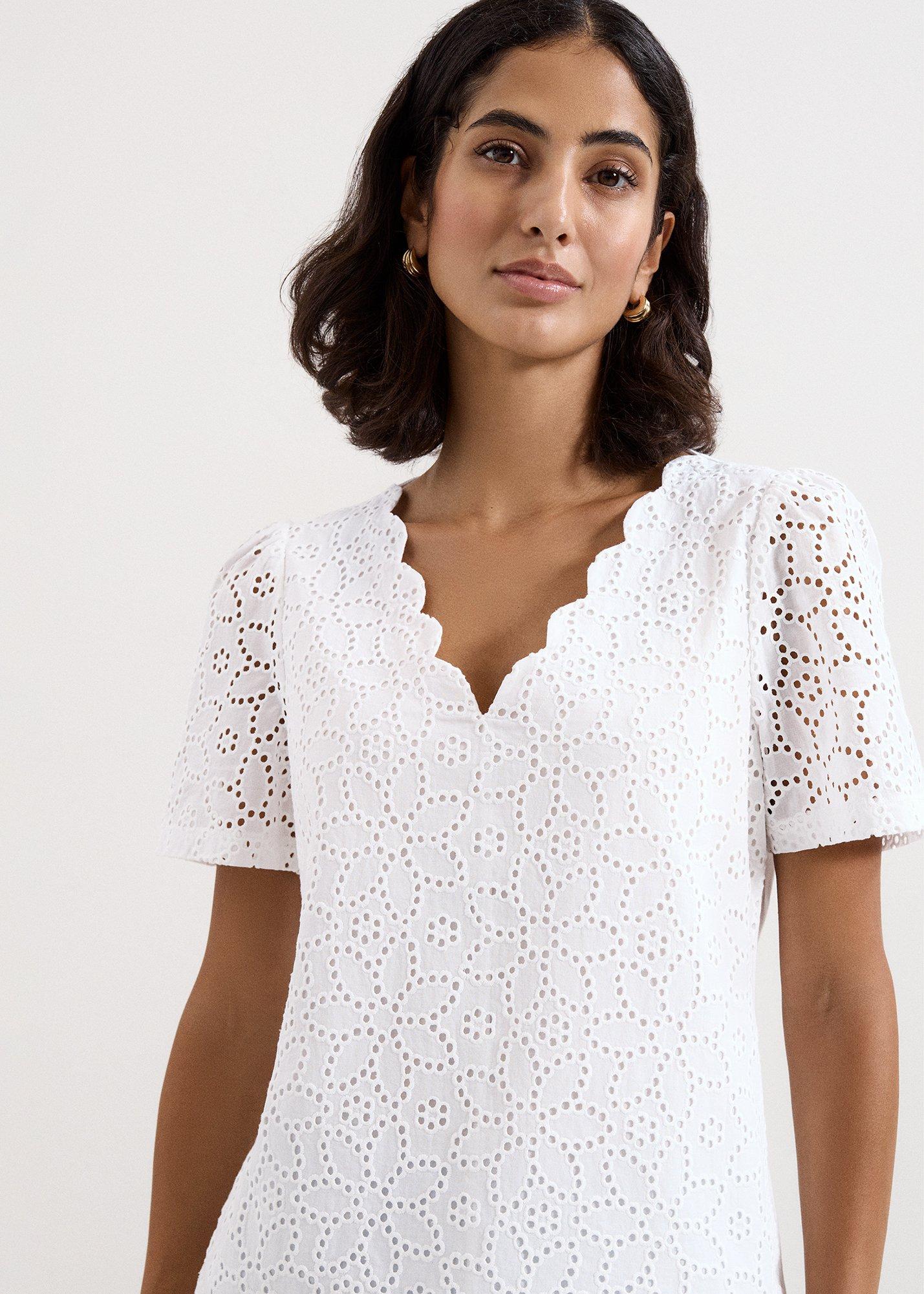 Freya White Broderie Scallop T Shirt