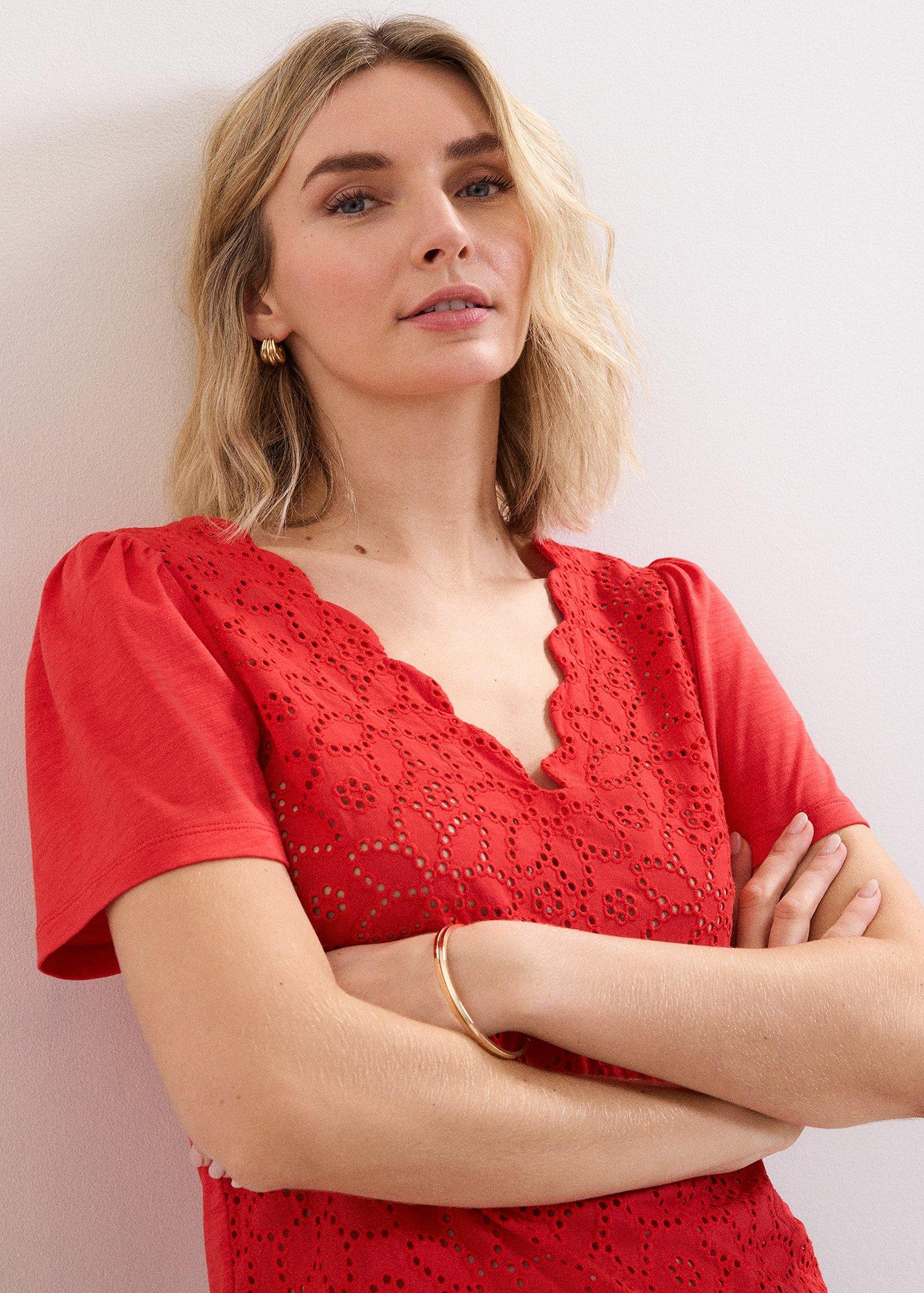 Freya Red Broderie Scallop T Shirt