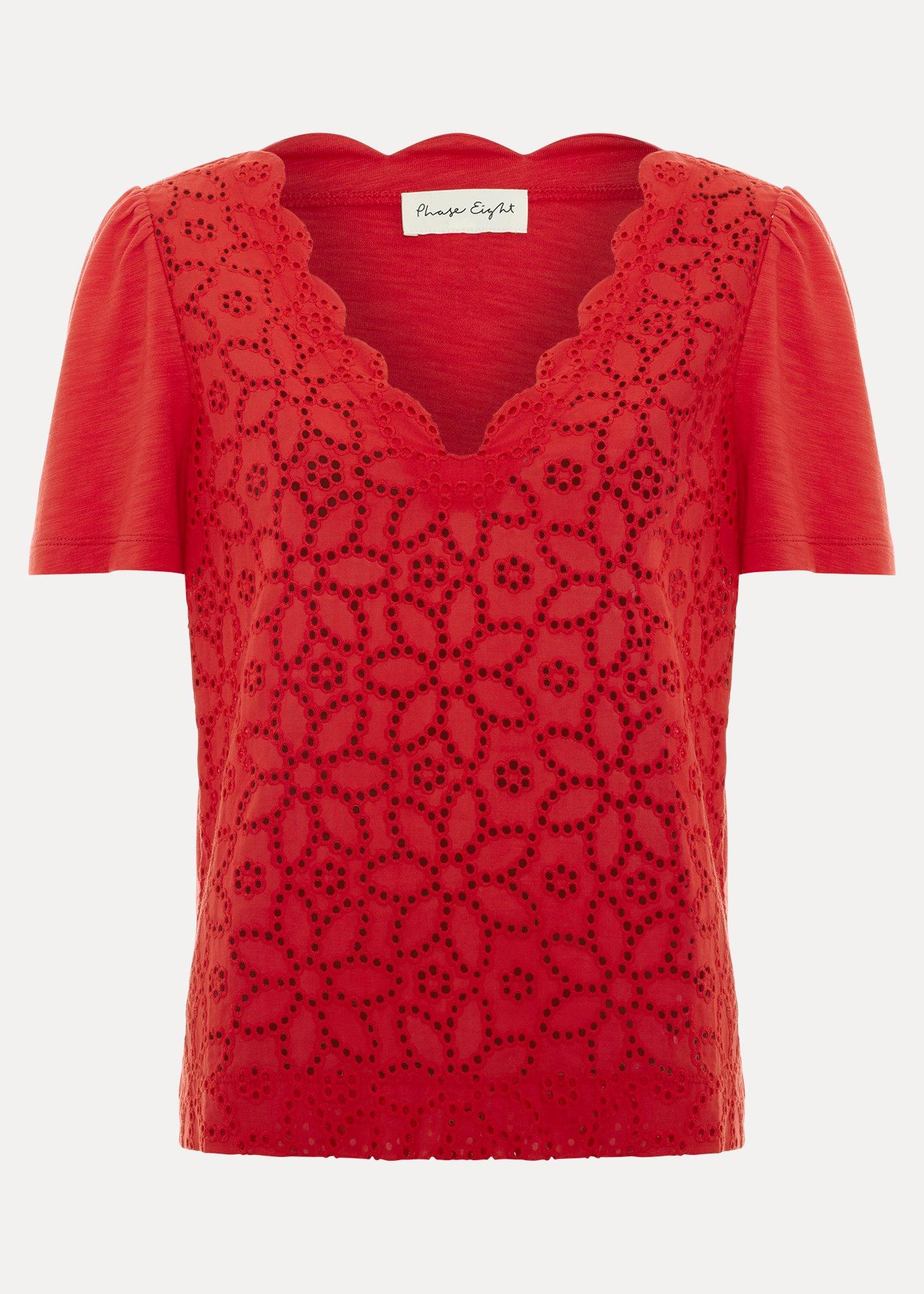 Freya Red Broderie Scallop T Shirt