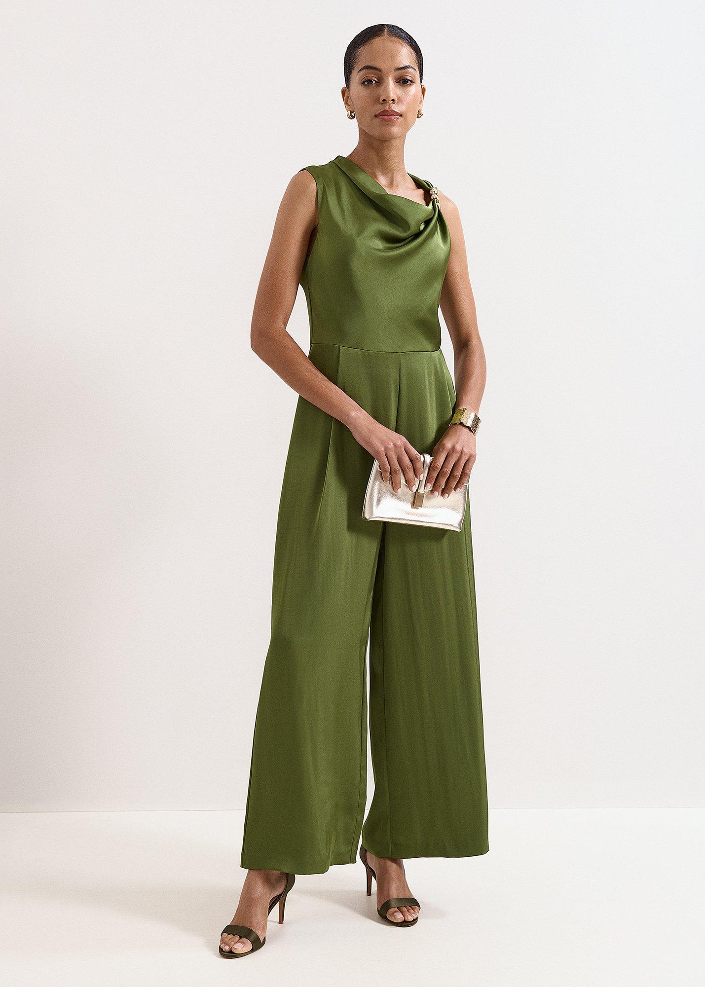 Avril Olive Satin Jumpsuit 