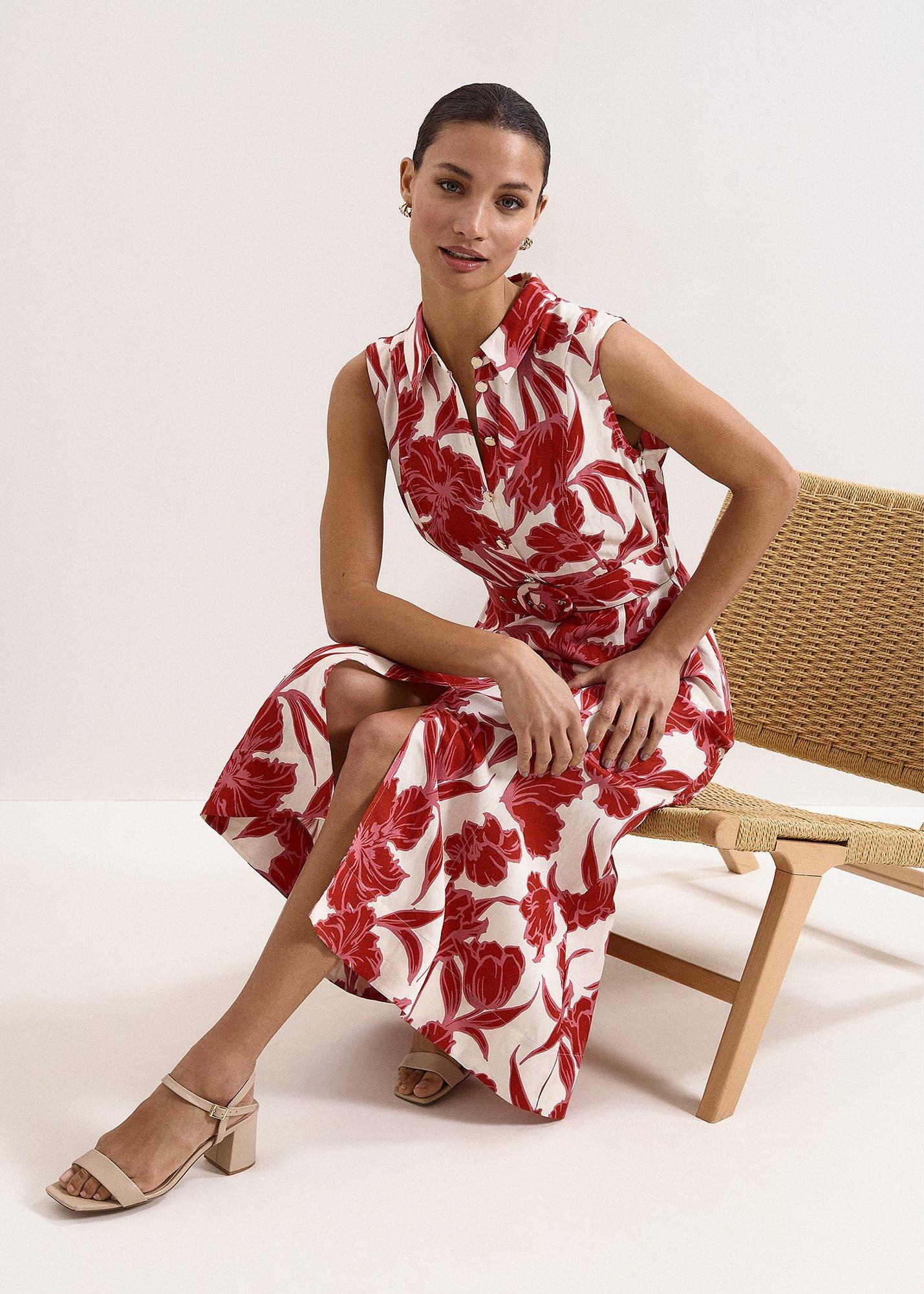Elspeth Red Floral Linen Midi Dress