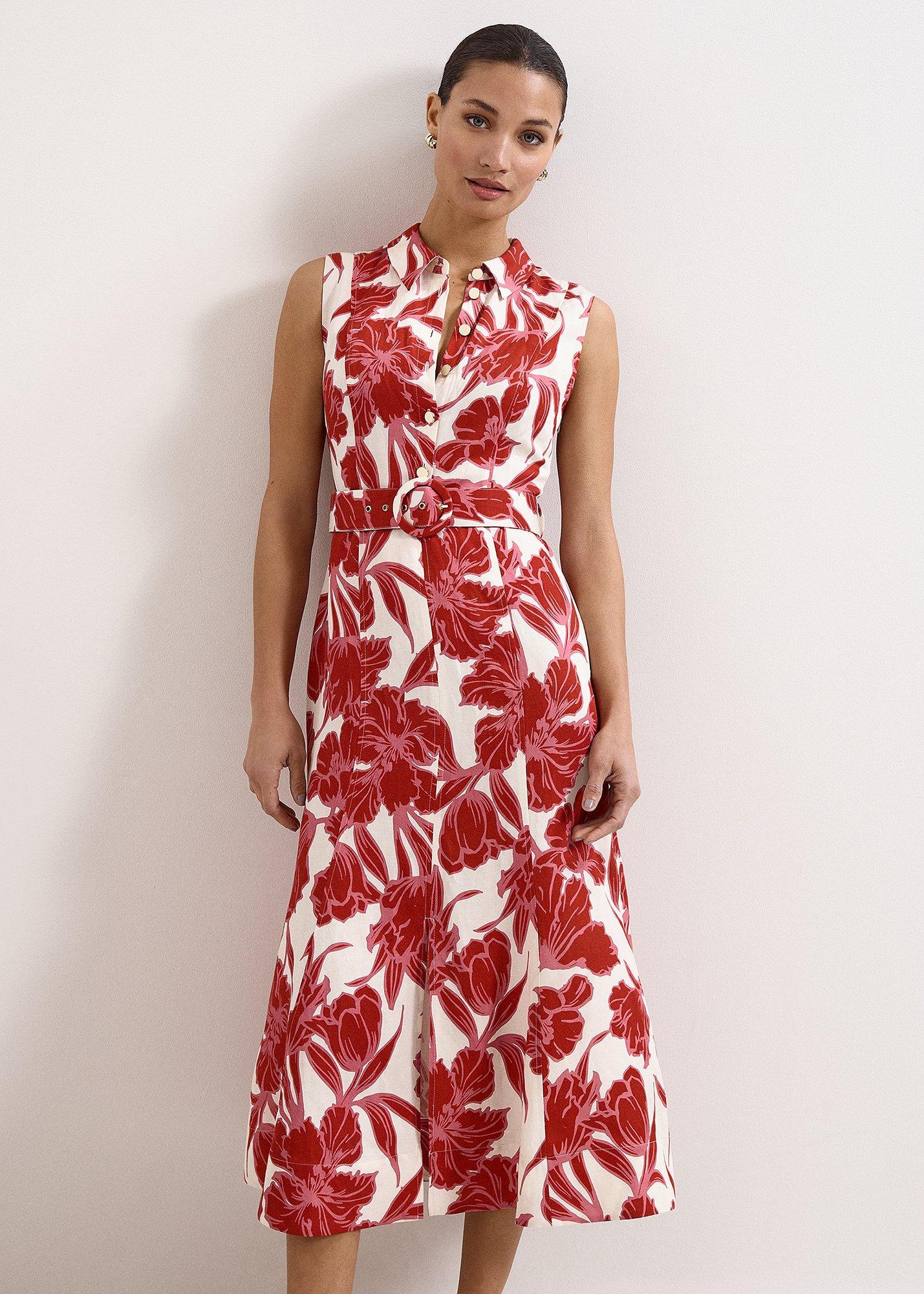 Elspeth Red Floral Linen Midi Dress