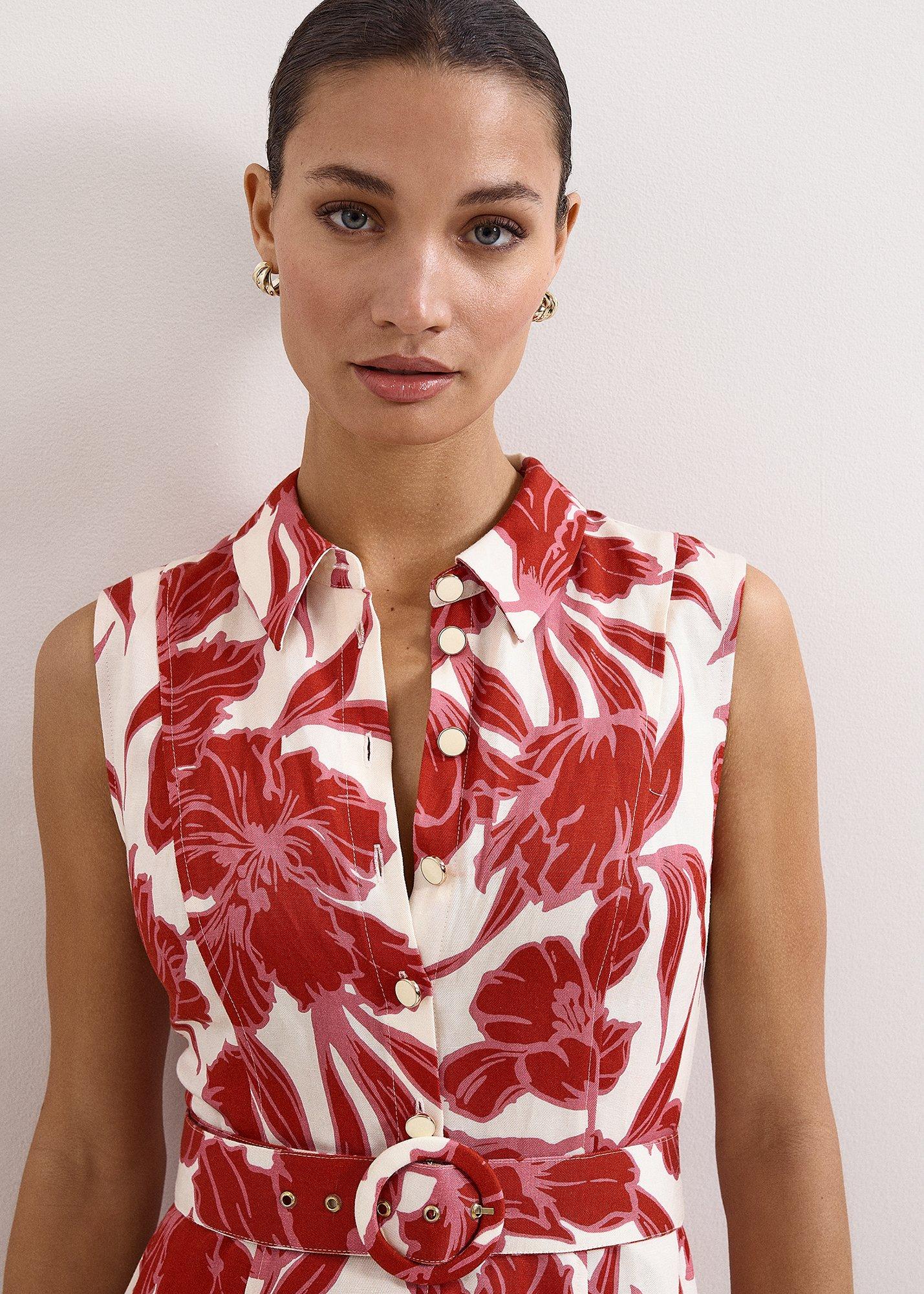 Elspeth Red Floral Linen Midi Dress