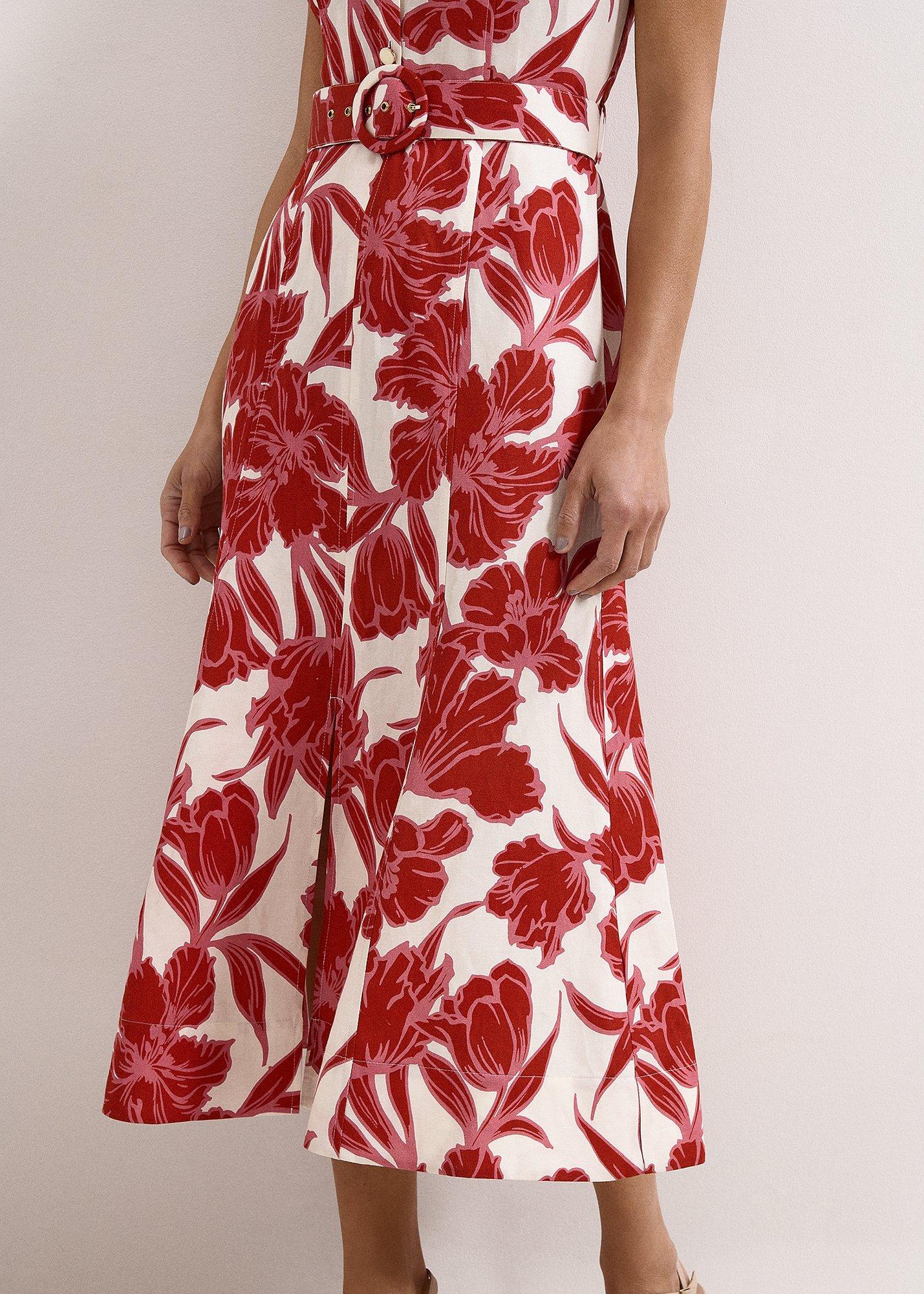 Elspeth Red Floral Linen Midi Dress