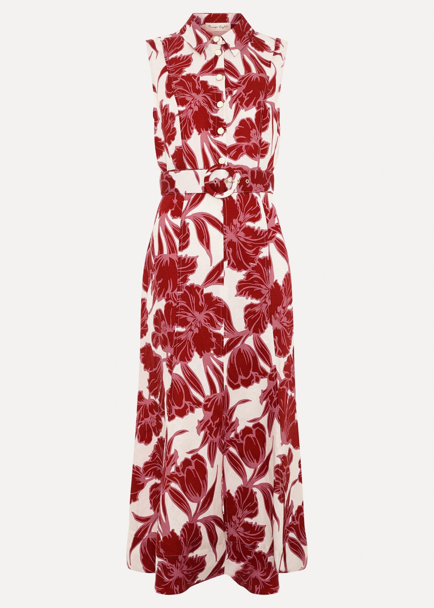 Elspeth Red Floral Linen Midi Dress