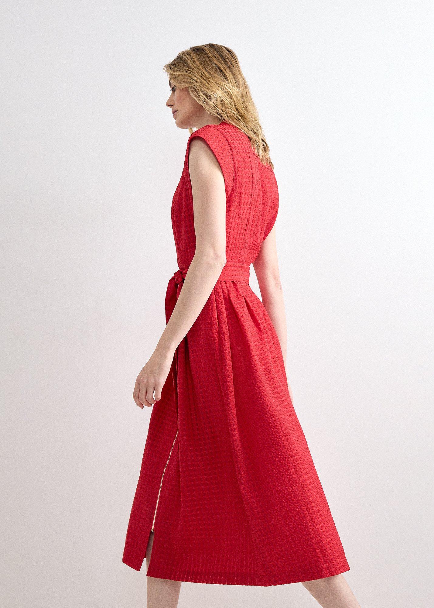 elvira-red-textured-seamed-detail-dress
