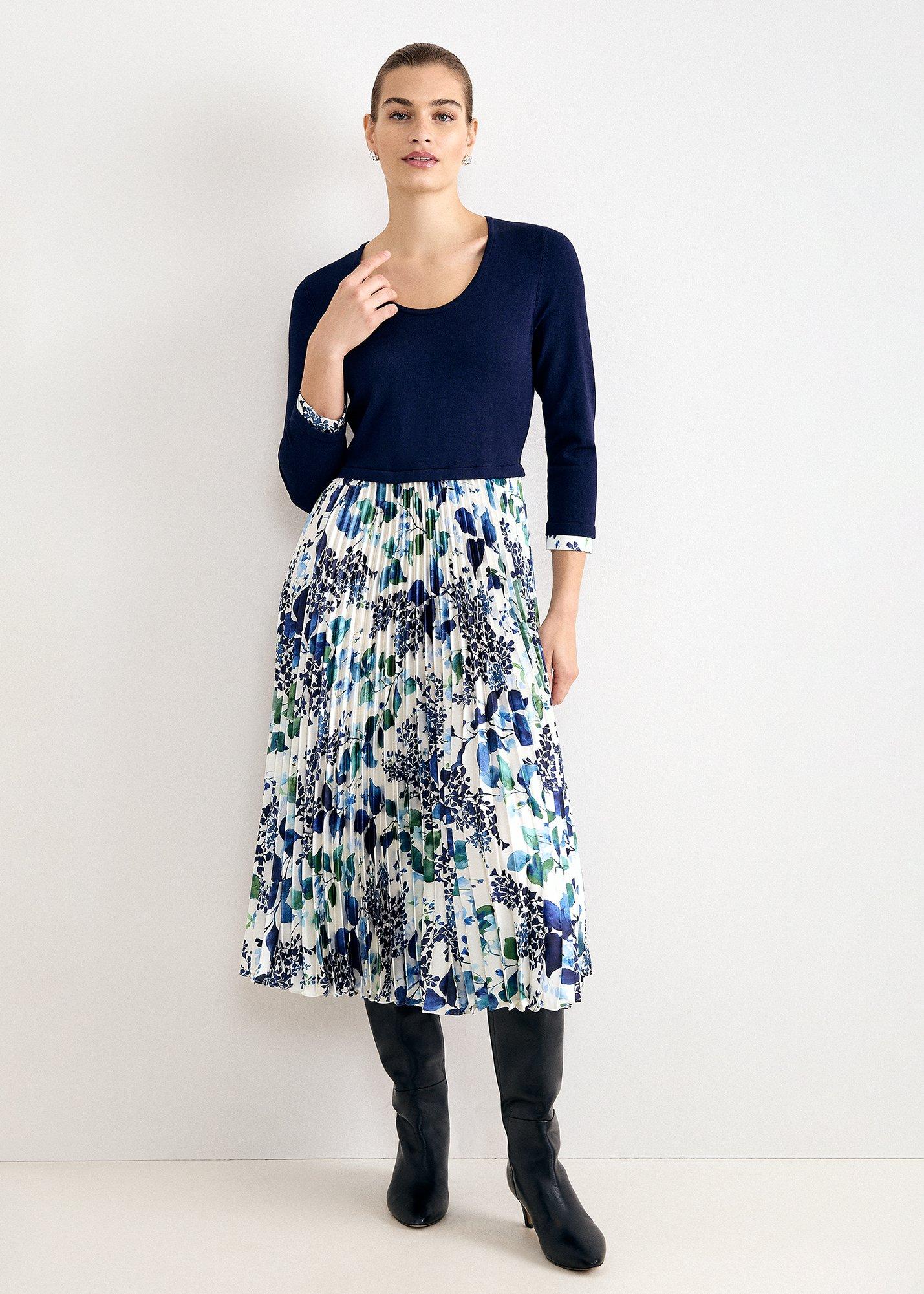 Beatrice Navy Woven Skirt Long Sleeve Pleated Dress