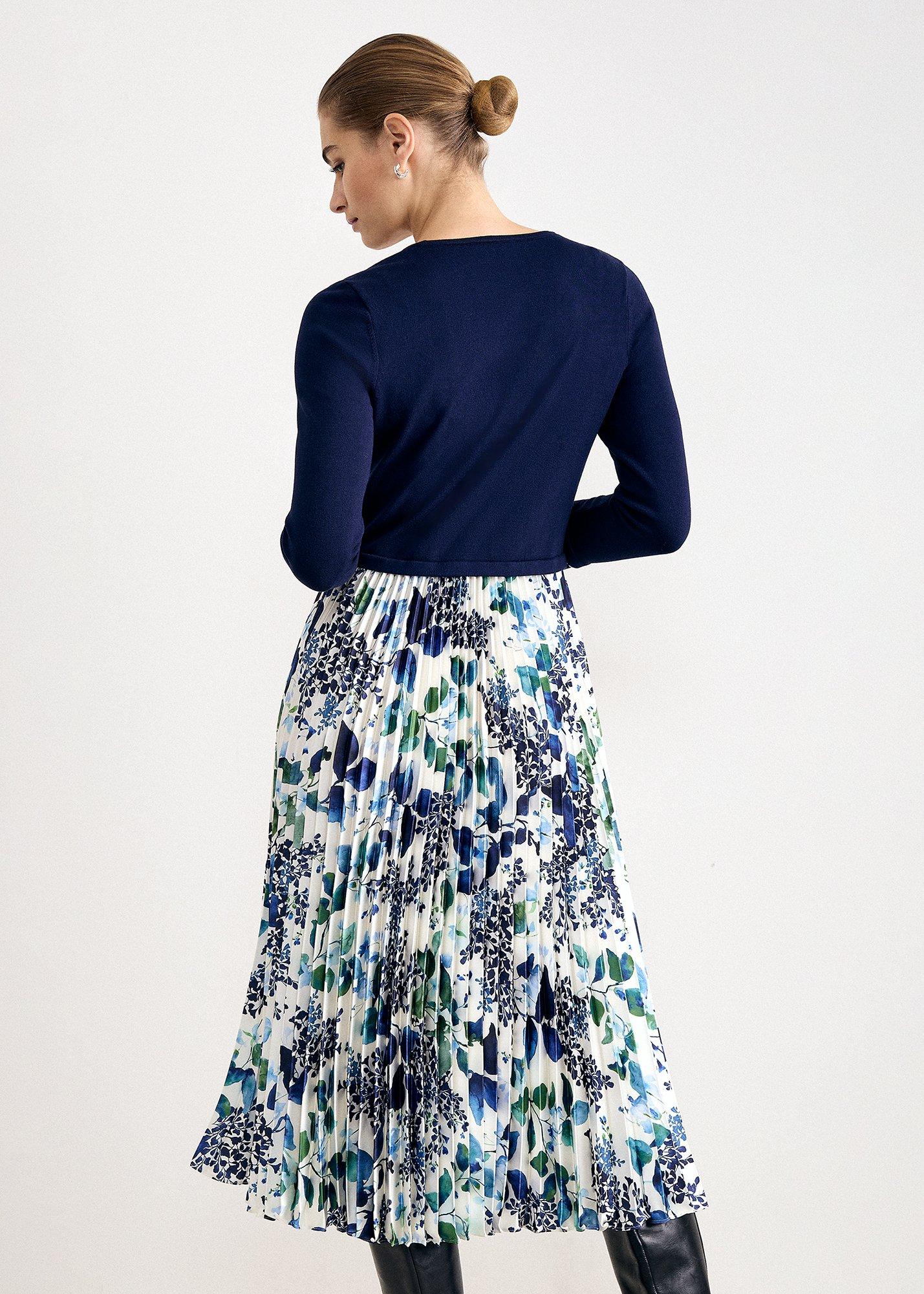 Beatrice Navy Woven Skirt Long Sleeve Pleated Dress