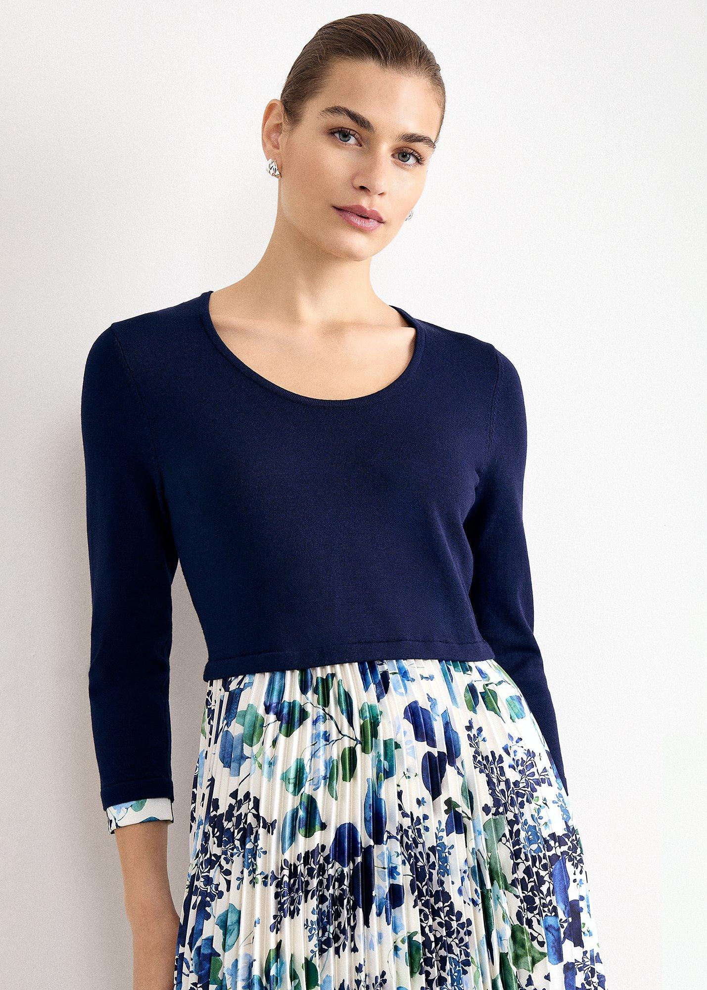 beatrice-navy-woven-skirt-long-sleeve-pleated-dress