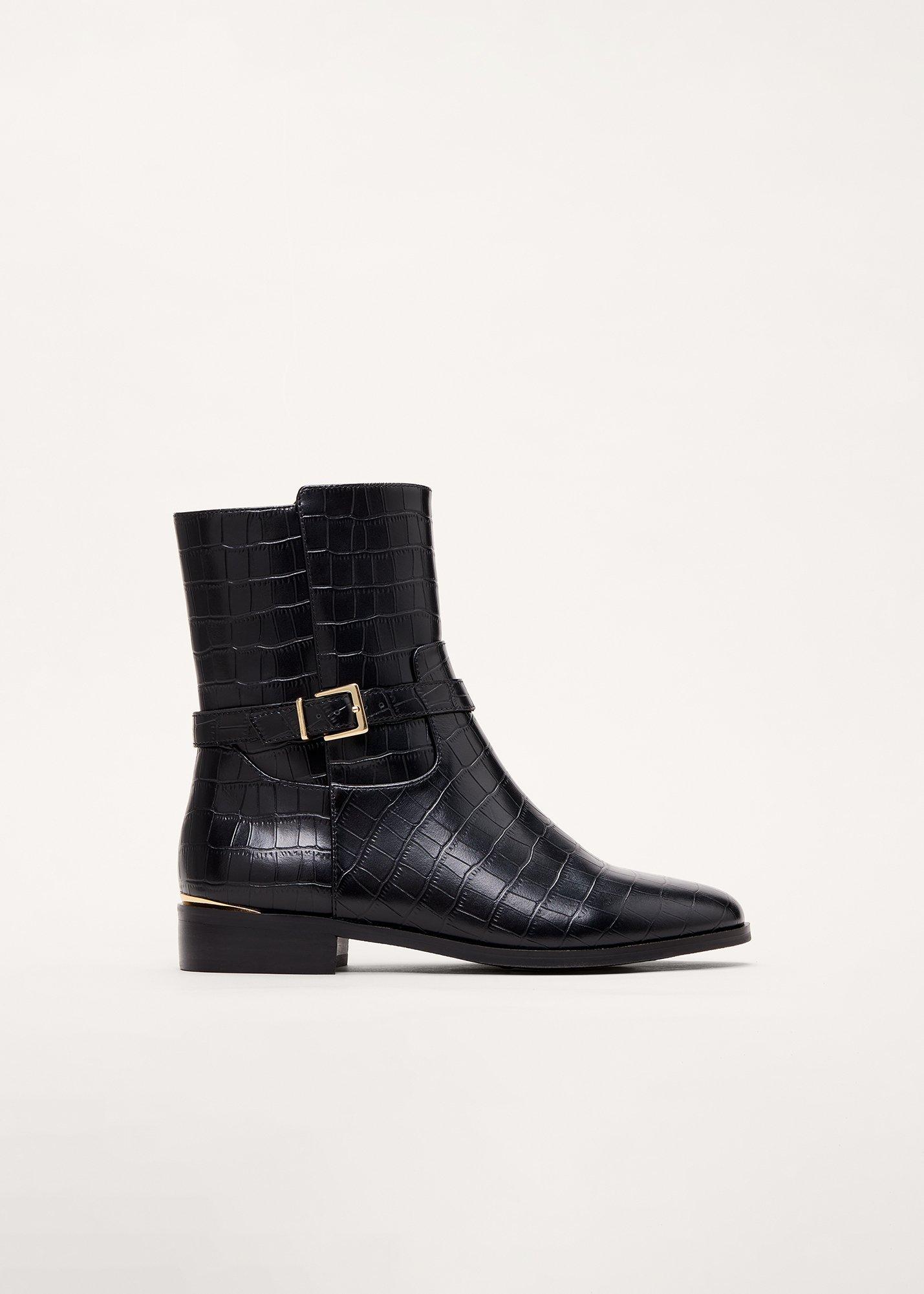 Leather Textured Flat Ankle Boot