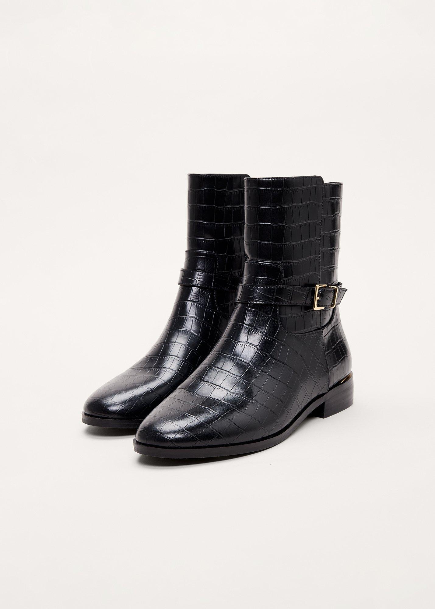 Leather Textured Flat Ankle Boot