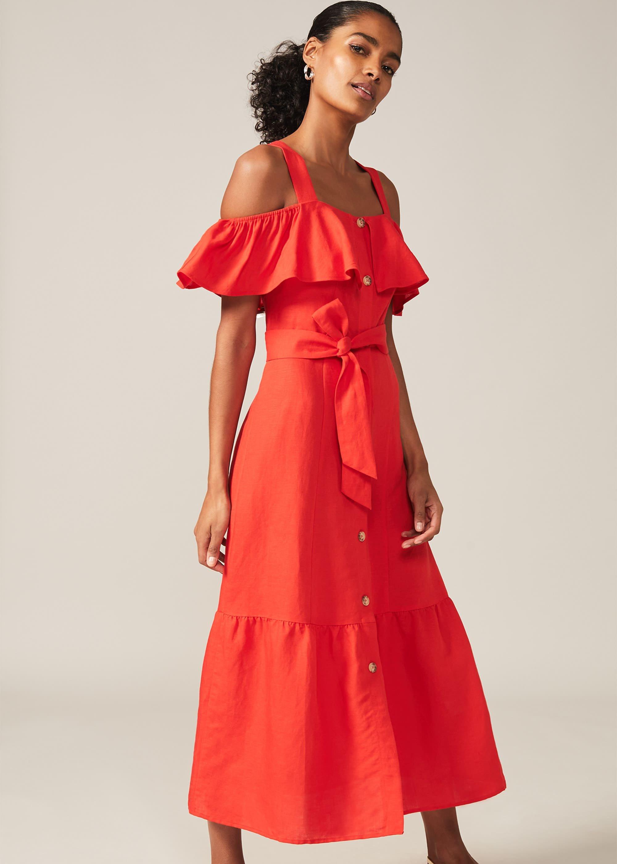Arlos Frill Bodice Linen-Blend Midi Dress