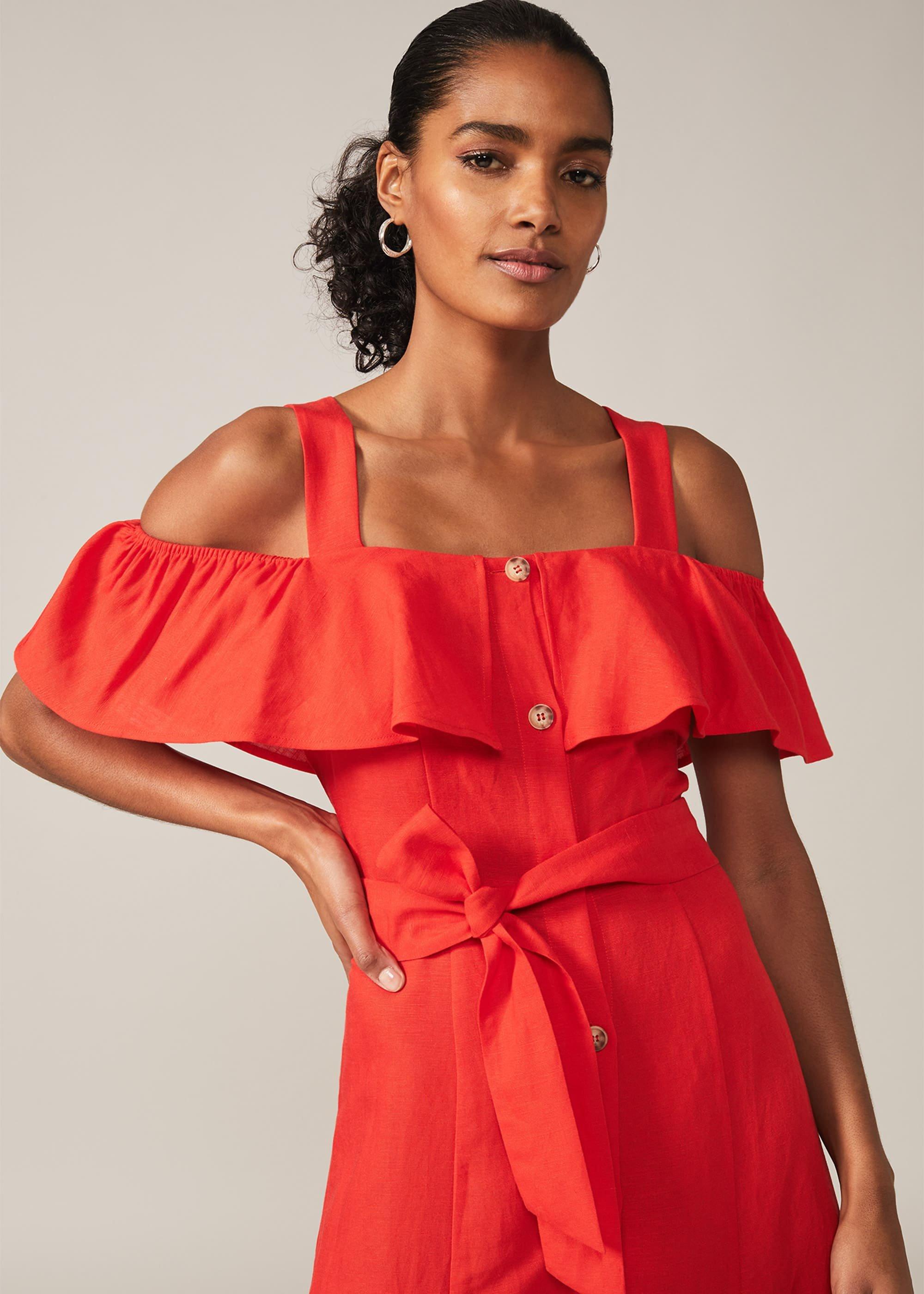 Arlos Frill Bodice Linen-Blend Midi Dress
