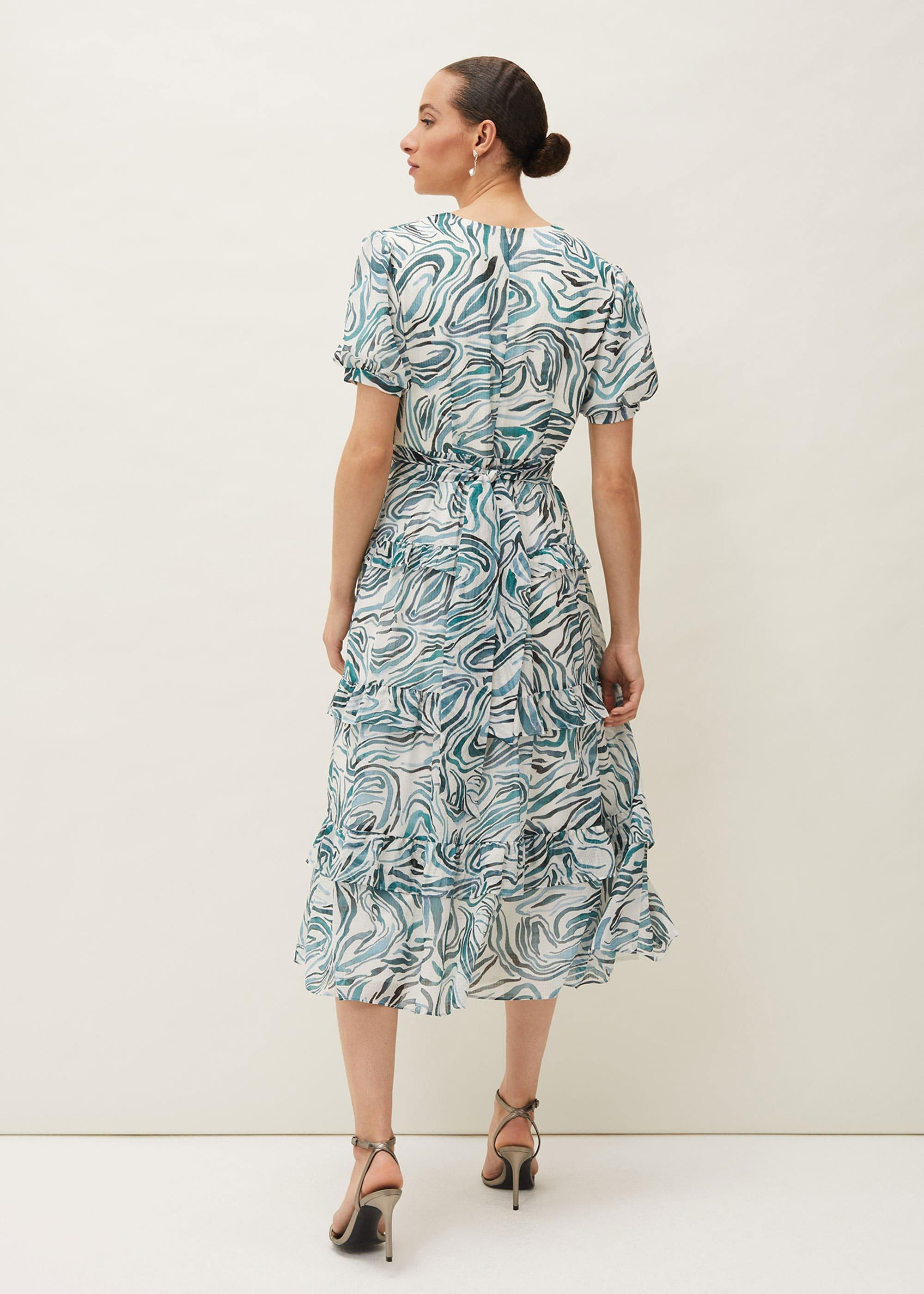 Iona Swirls Print Tiered Short Sleeved Midi Dress