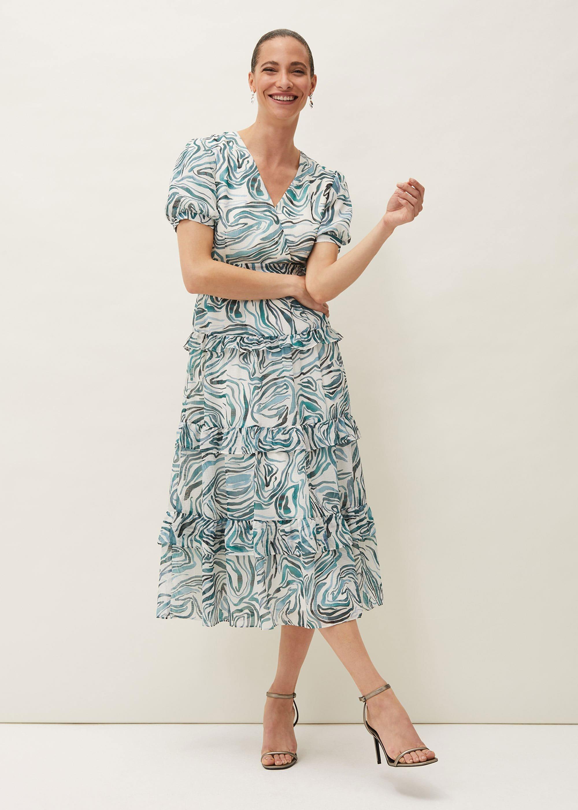 Iona Swirls Print Tiered Short Sleeved Midi Dress