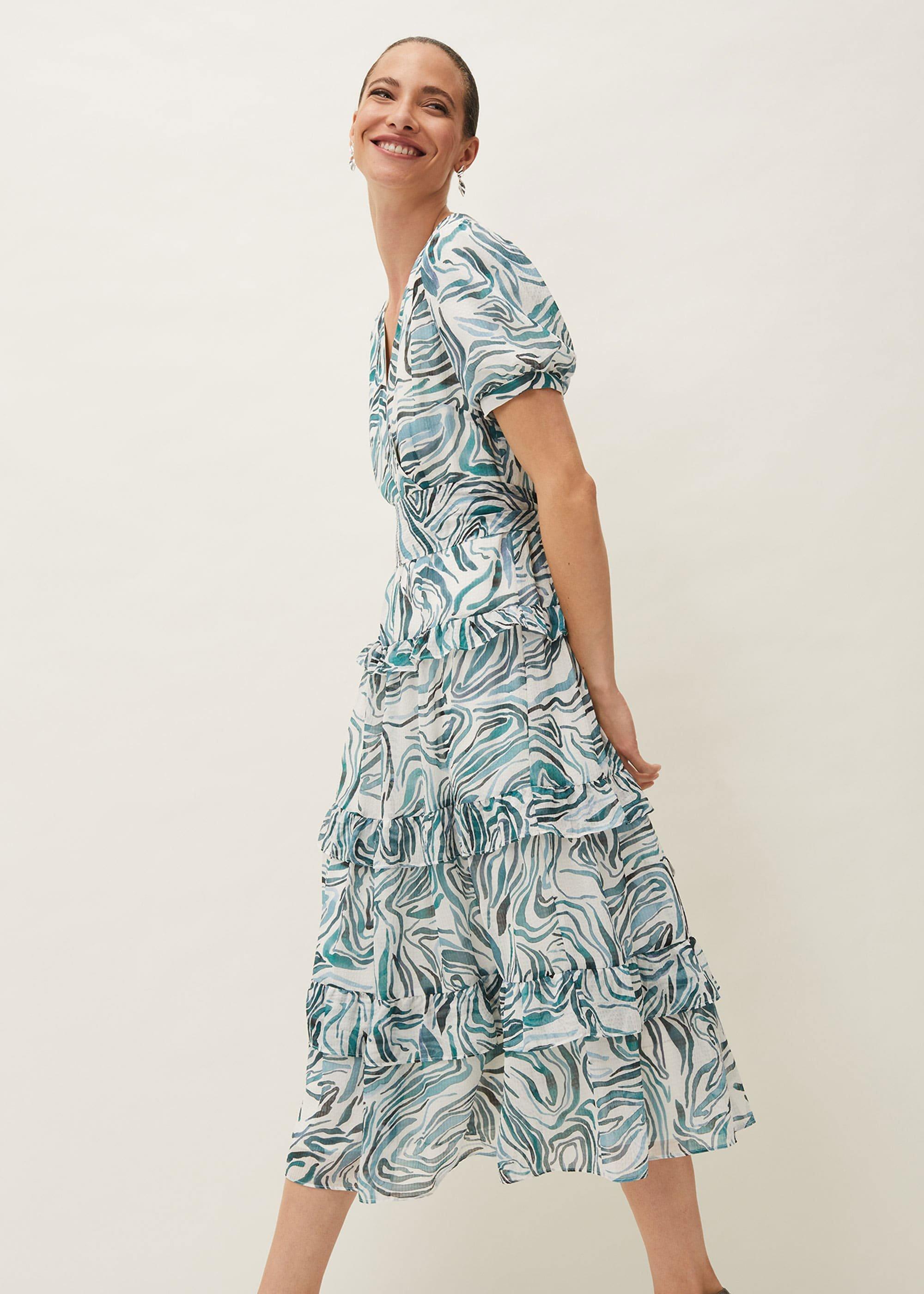 Iona Swirls Print Tiered Short Sleeved Midi Dress