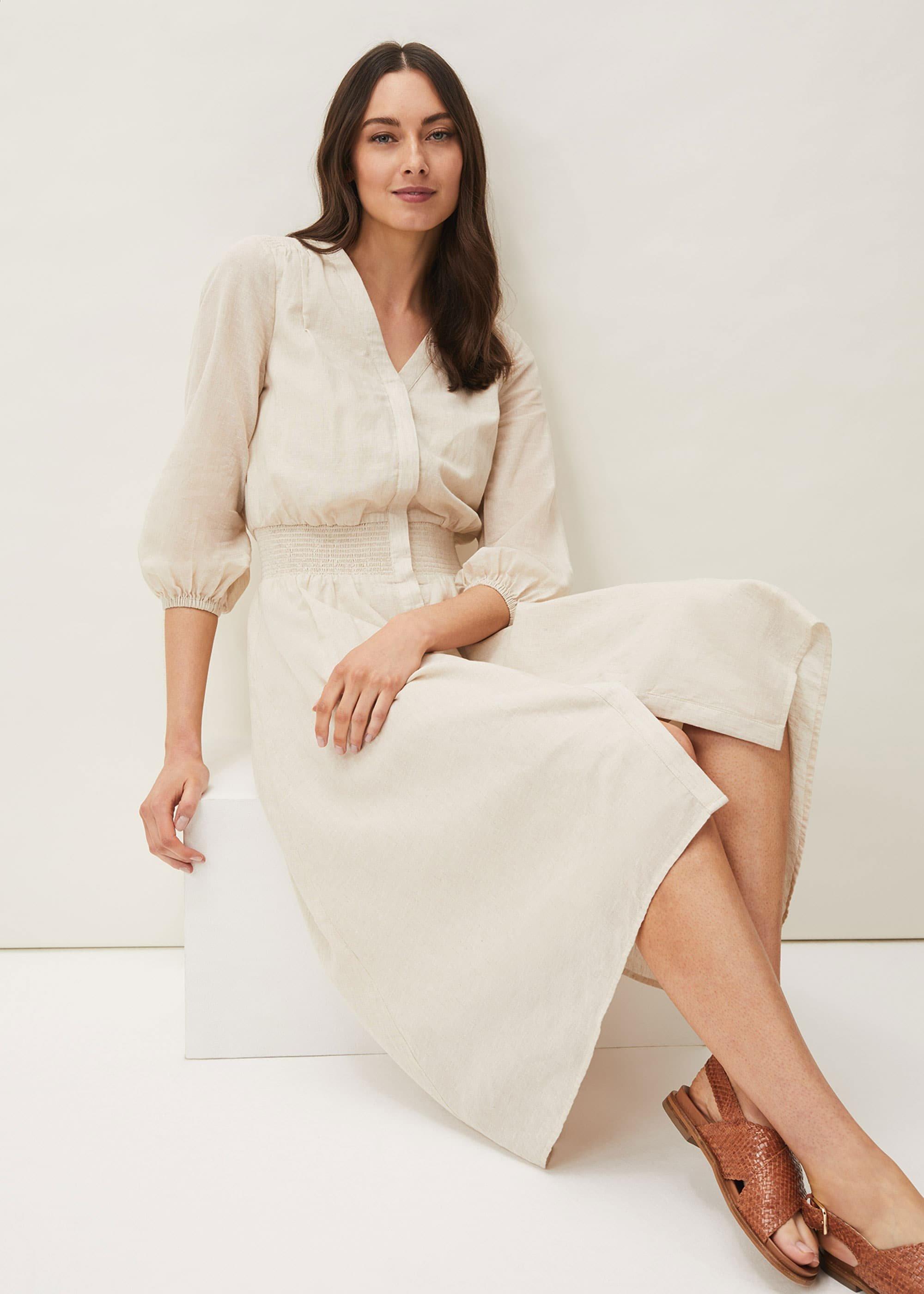 Elma Shirred Waist Puff Sleeve Midi Dress