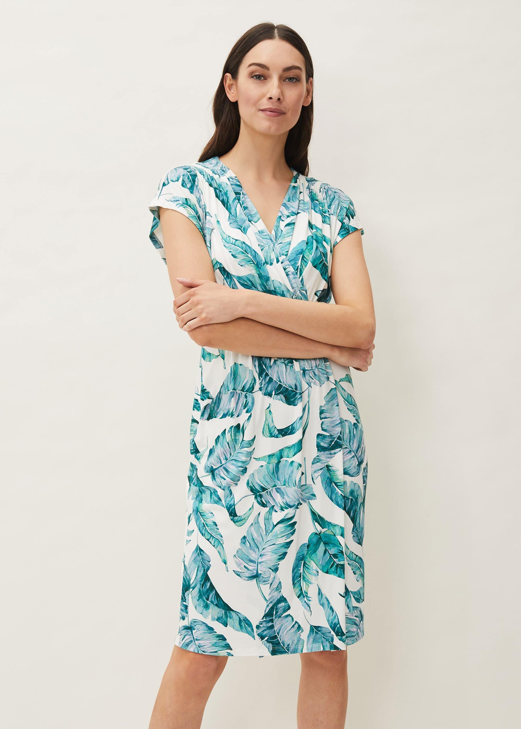 Palms Print Fitted Short Sleeved Jersey Dress