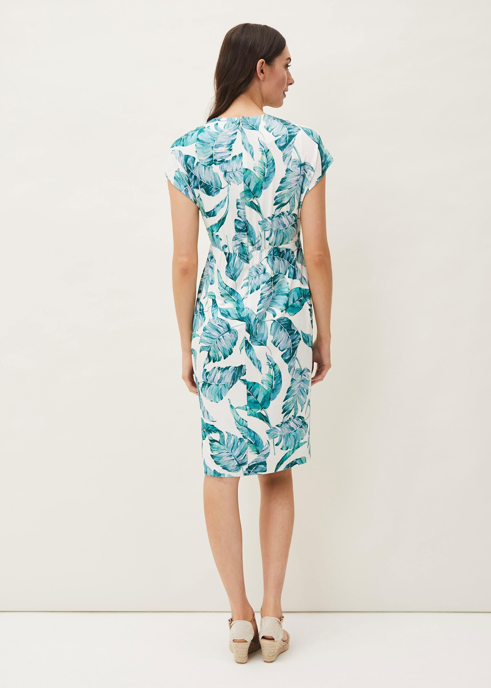 Palms Print Fitted Short Sleeved Jersey Dress