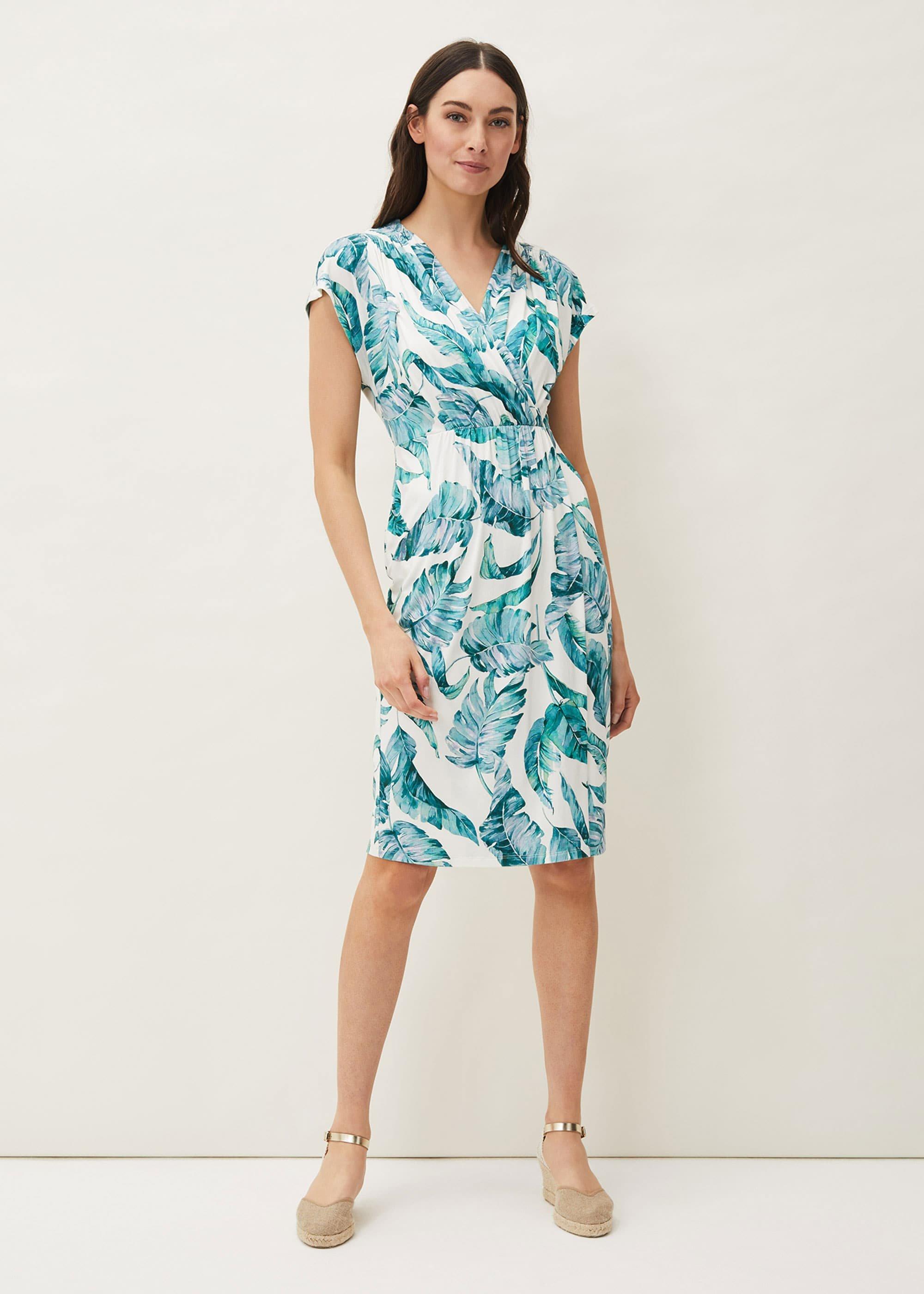 Palms Print Fitted Short Sleeved Jersey Dress