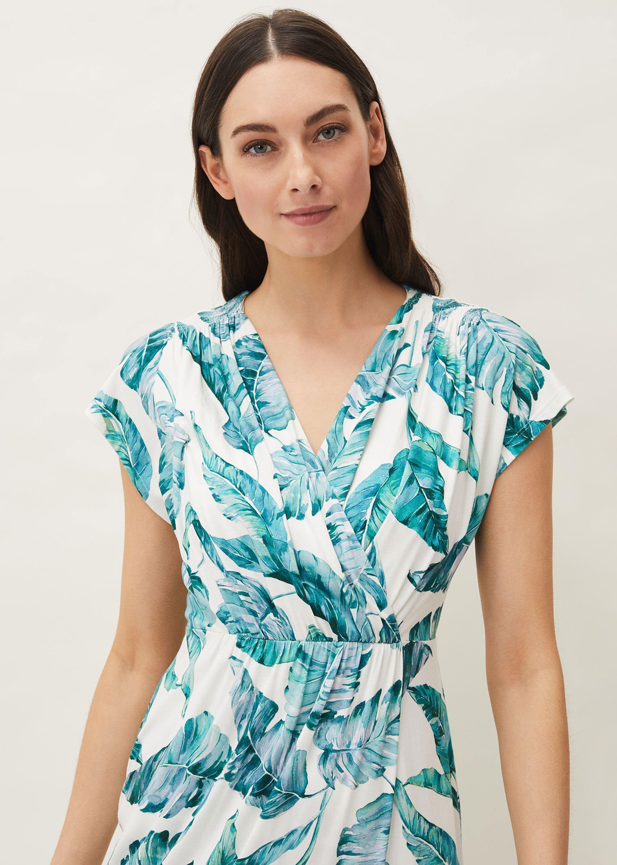 Palms Print Fitted Short Sleeved Jersey Dress