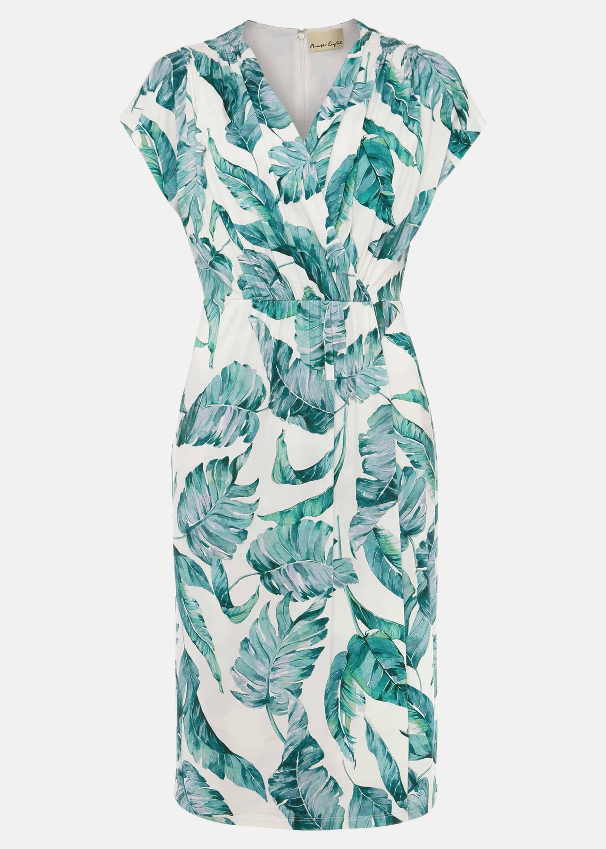 Palms Print Fitted Short Sleeved Jersey Dress