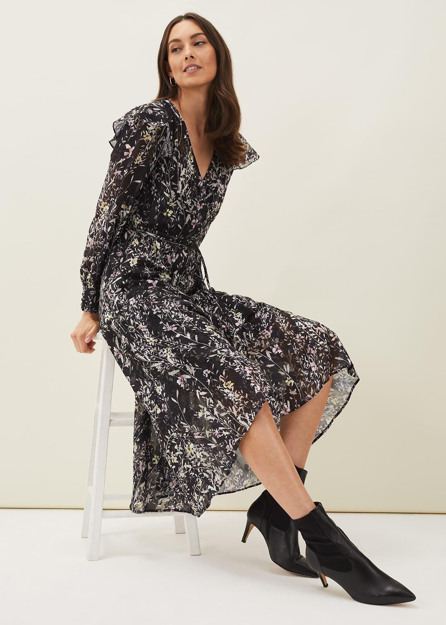 Phase Eight Daphne Floral Wrap Dress Black/Multi Size 14