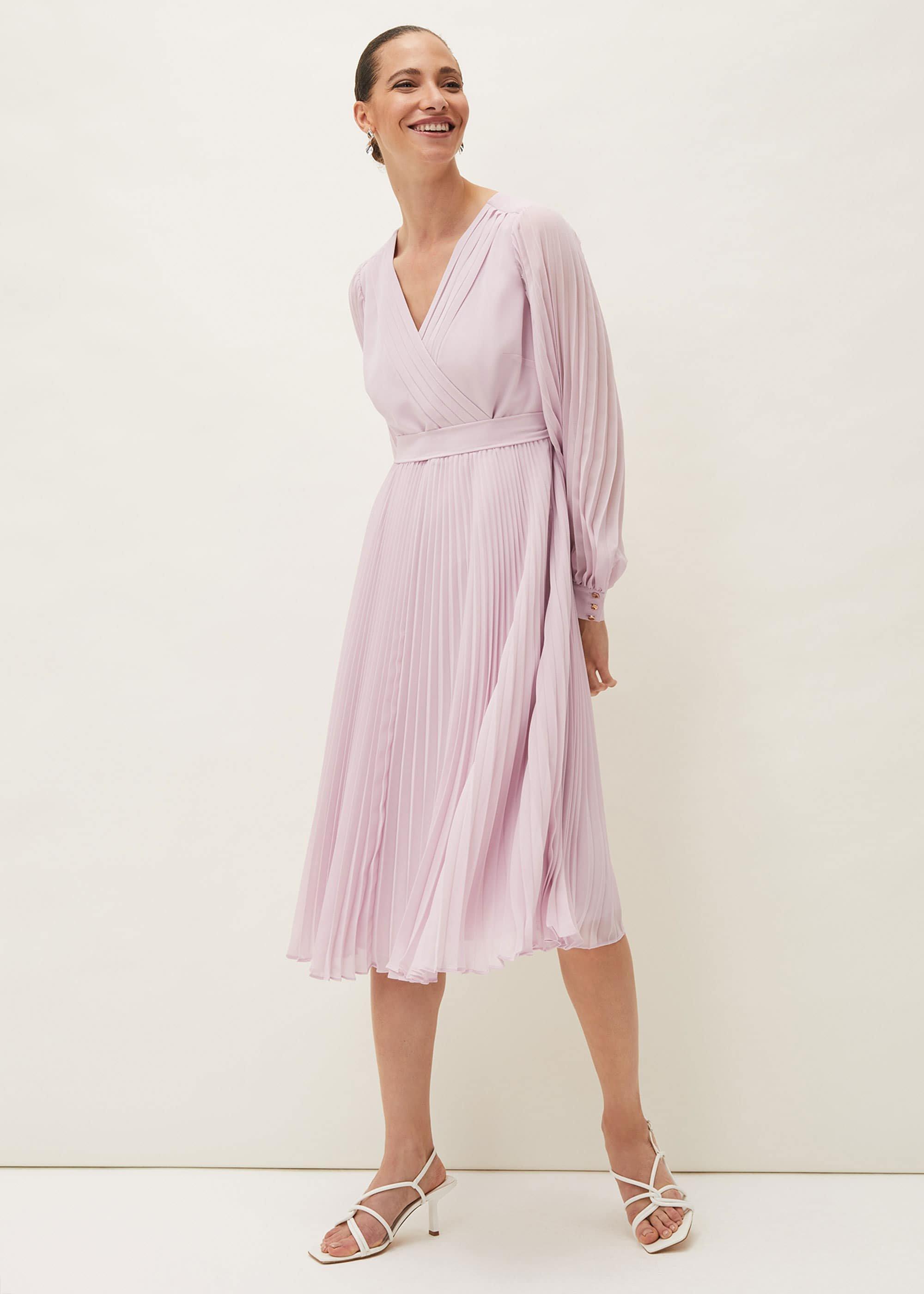 Elsa Pleated Long Sleeved V-Neck Midi Dress